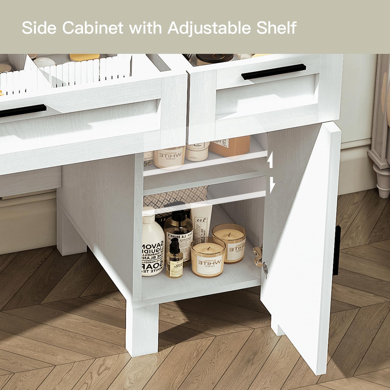 Farmhouse Makeup Vanity Desk with Mirror & LED Lights - White Glass Top Dressing Table with Adjustable Shelves, 2 Drawers & Side Cabinet - Perfect for Bedroom, Dorm Room or Boudoir Makeup Organization