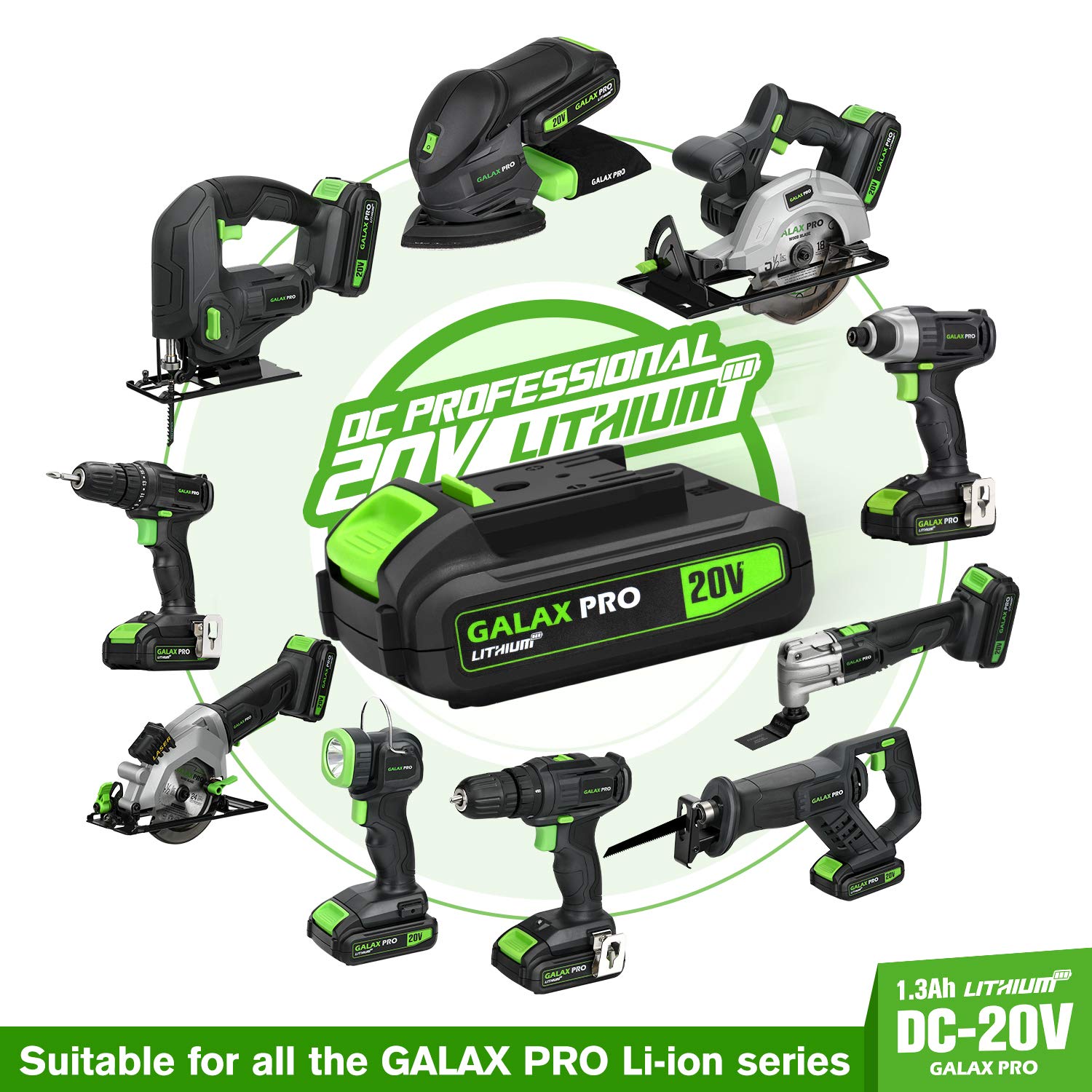 GALAX PRO DC-20V 1.3Ah Lithium Ion Battery Pack - Replacement Battery for Cordless Drills & Power Tools - Compatible with Various Brands - Perfect for DIY Projects, Home Repairs, and Professional Construction Work