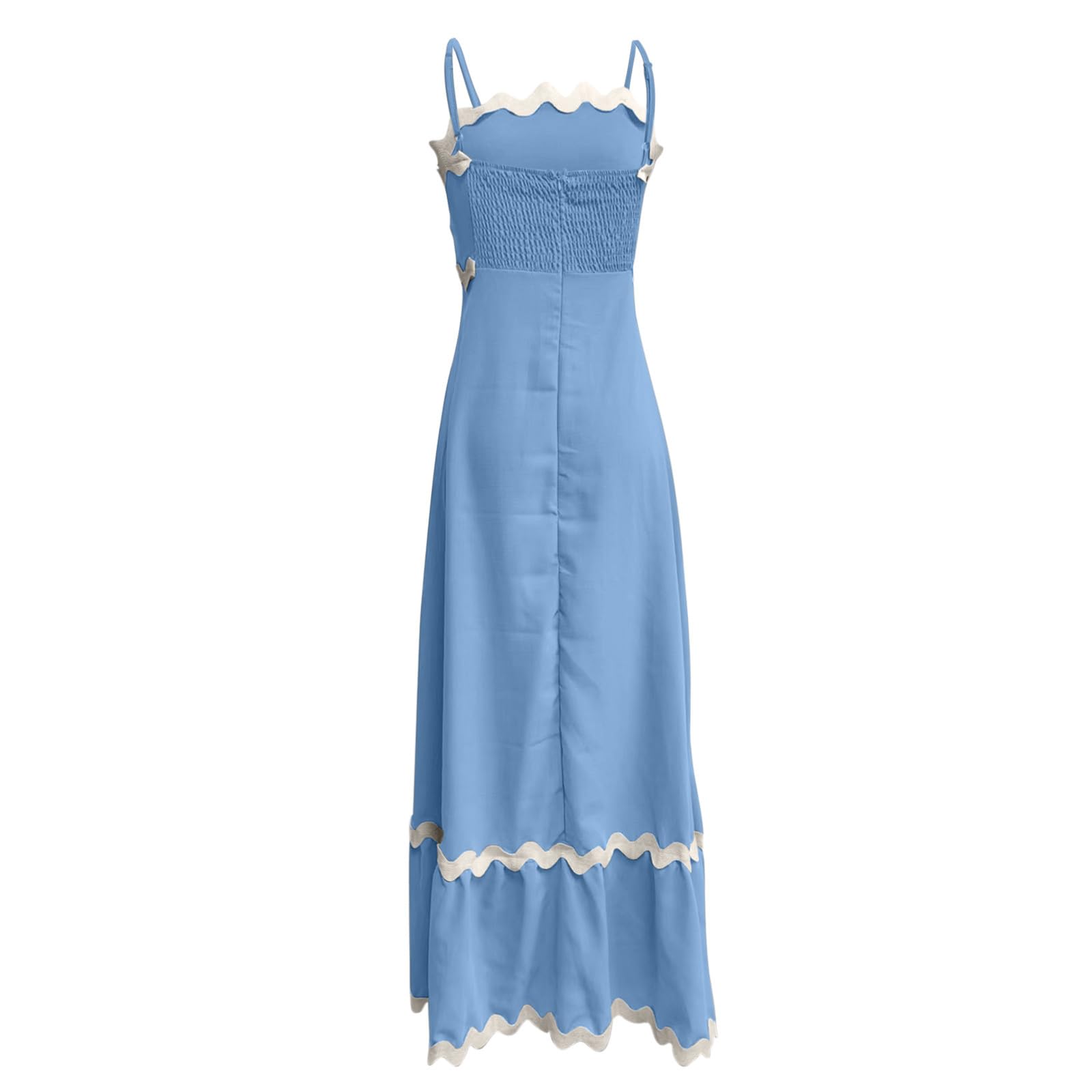Boho Summer Sundress for Women 2024 - Trendy Spaghetti Strap Sleeveless Midi Dress with Smocked Waist & Flowy Maxi Skirt - Casual Blue RIC Rac Dress | Perfect for Beach Vacations, Music Festivals & Summer Outings