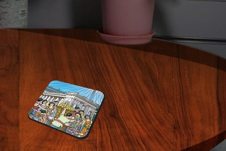 Sentoor Handmade Indian Wooden Coasters Set of 2 - Princep Ghat Fuchka Design, Kolkata Souvenir for Coffee Tables, Tea Cups & Glass Protection - Perfect Gift for Birthdays, Anniversaries & Weddings | Aesthetic Home Decor, Kitchen & Dining Accessories