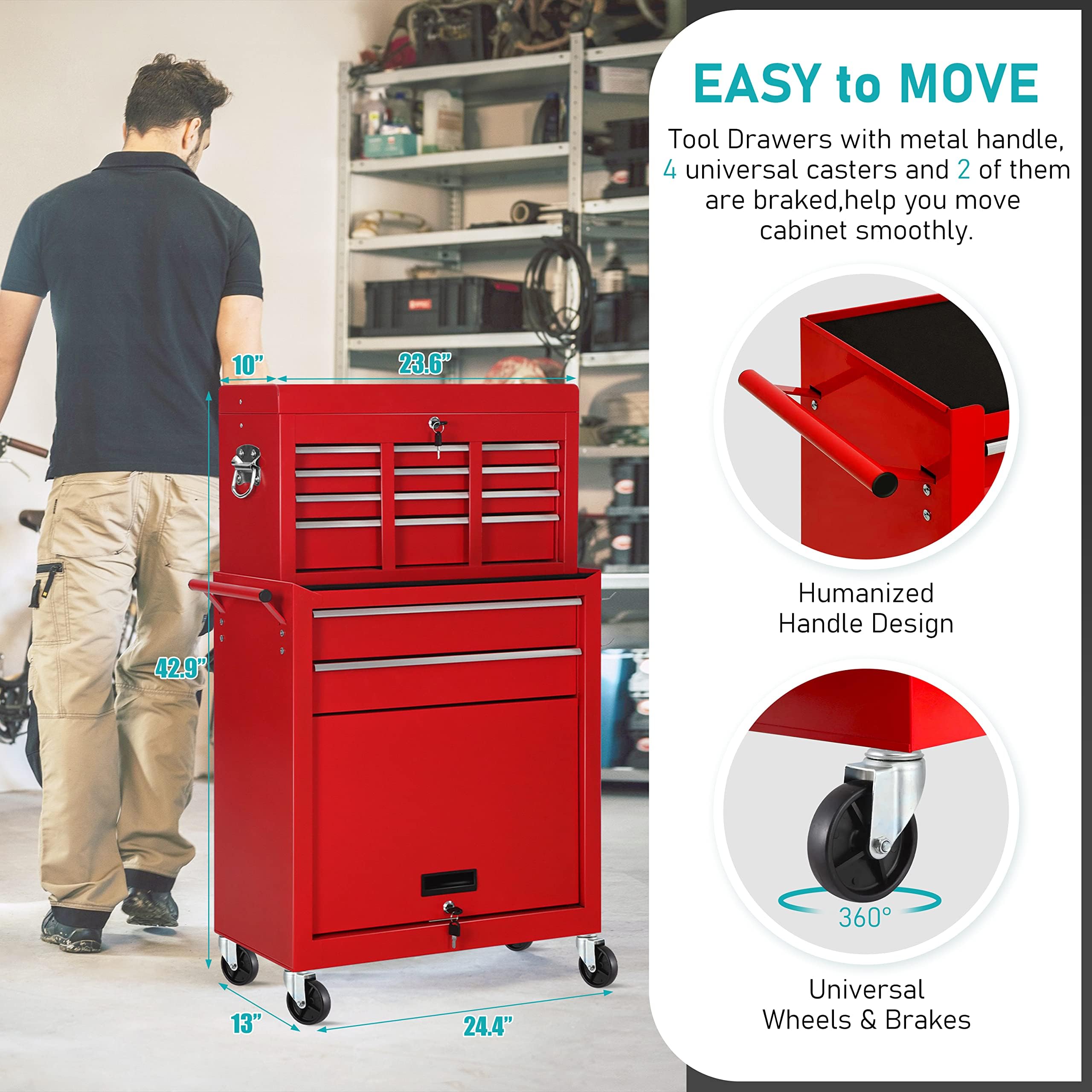 INTERGREAT 8-Drawer Rolling Tool Chest with Wheels - Heavy Duty Steel Tool Cabinet Organizer Combo for Garage, Workshop & DIY Projects | High Capacity 2-in-1 Detachable Tool Storage (Red)