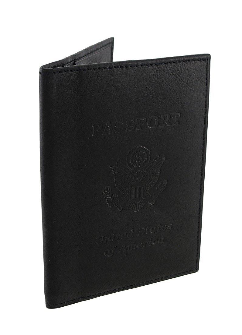 Premium Black Leather Passport Holder with USA Embossed Design - RFID Blocking Travel Wallet for International Trips & Airports