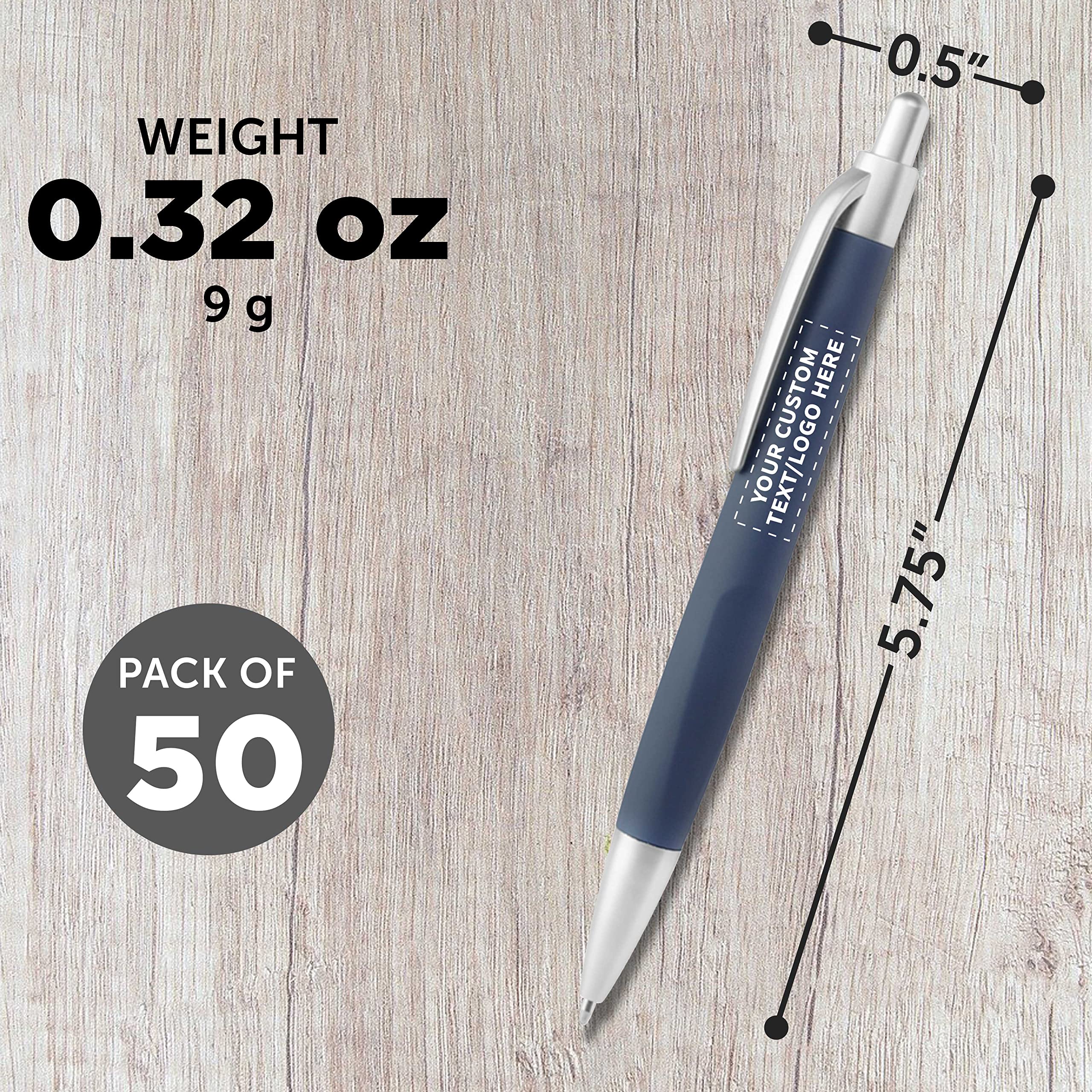 50 Pack Atlas Click Action Pens - Custom Text & Logo Printing, Black Ink, Navy Blue Plastic - Bulk Office Supplies for Business Promotions, School, and Corporate Gifting