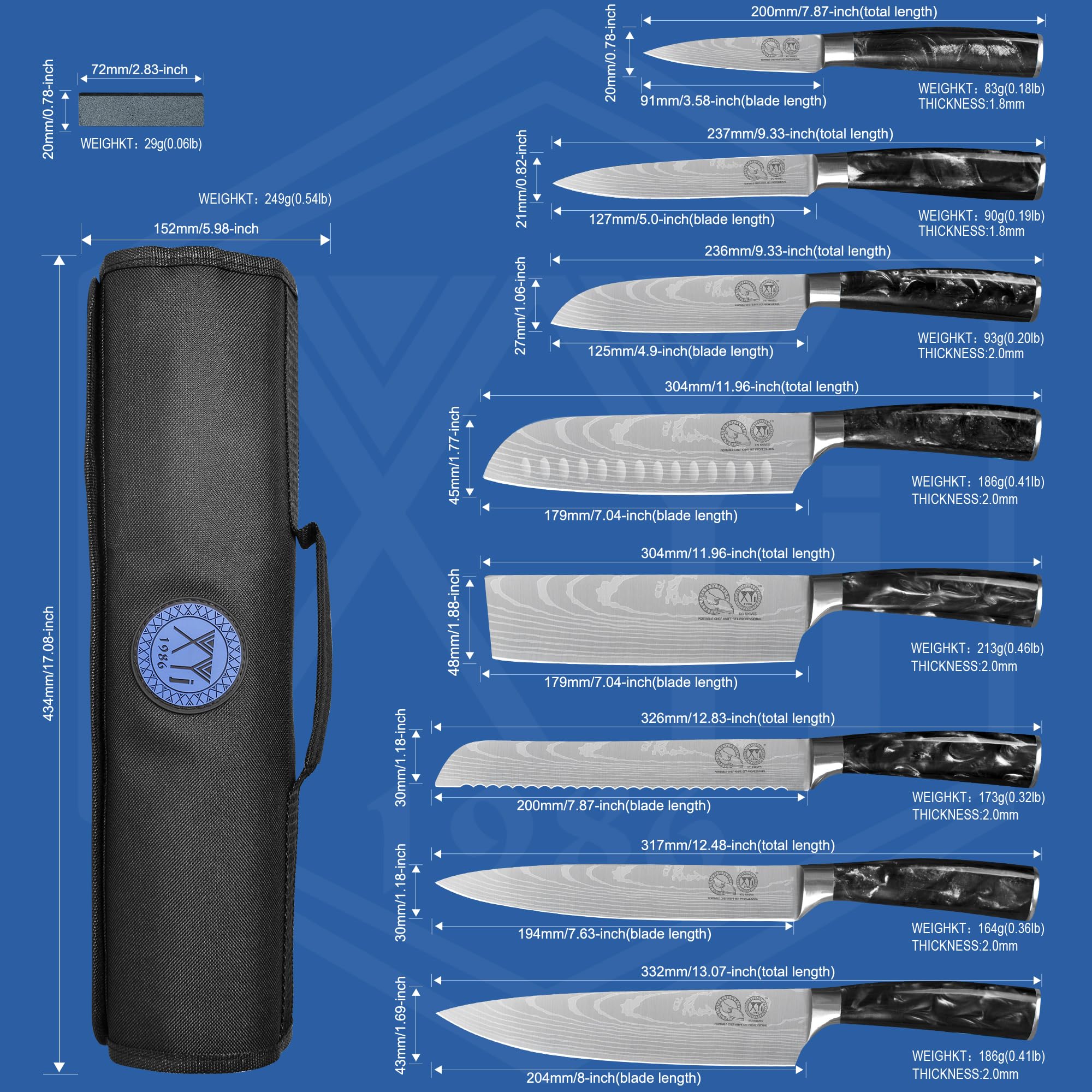 XYJ Authentic Japanese Chef Knives Set Since 1986 - 8-Piece Stainless Steel Kitchen Knives with Roll Bag & Sheaths - Professional Santoku, Paring, Slicing Knives for Cooking - Ergonomic Handle for Comfort - Perfect for Home Chefs & Culinary Enthusiasts