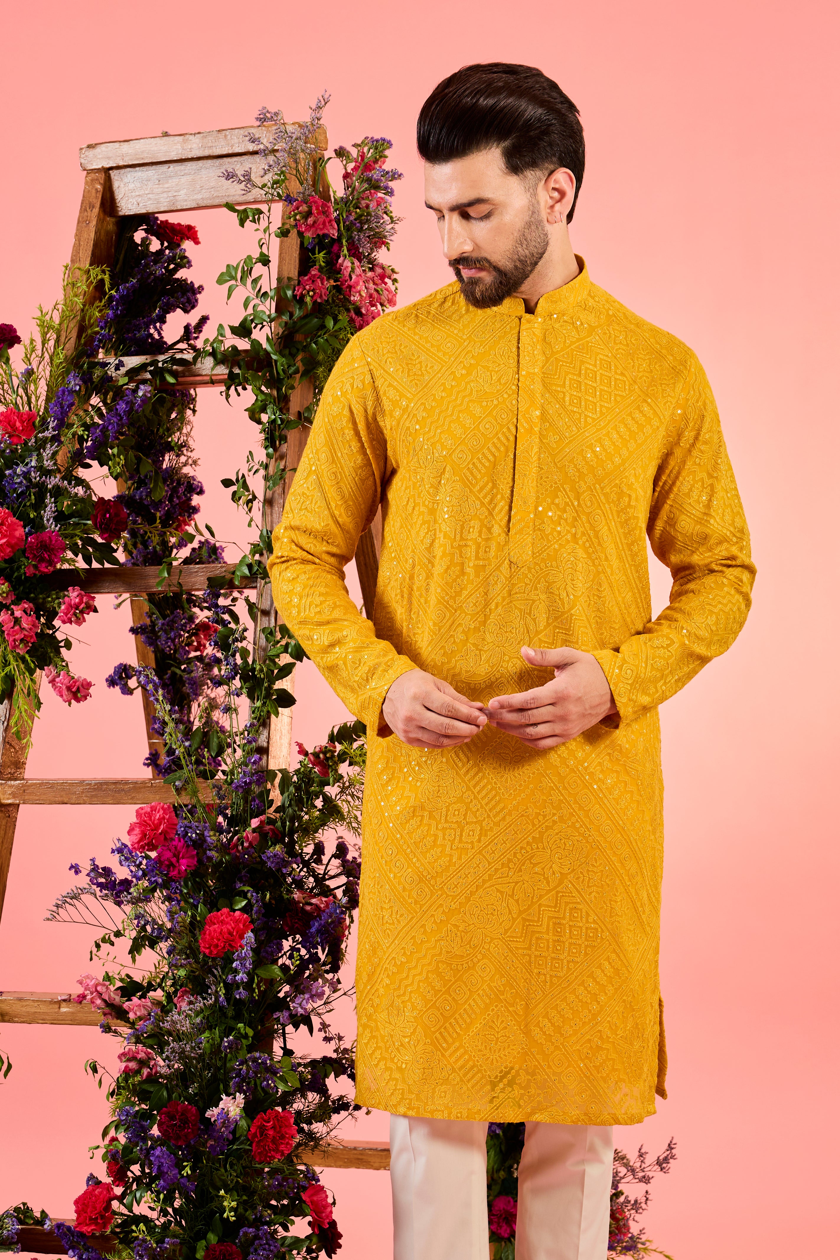 Mustard Classic Chikankari Kurta with Sequin Work - Elegant Indian Embroidered Tunic for Women - Perfect for Festivals, Weddings & Casual Wear