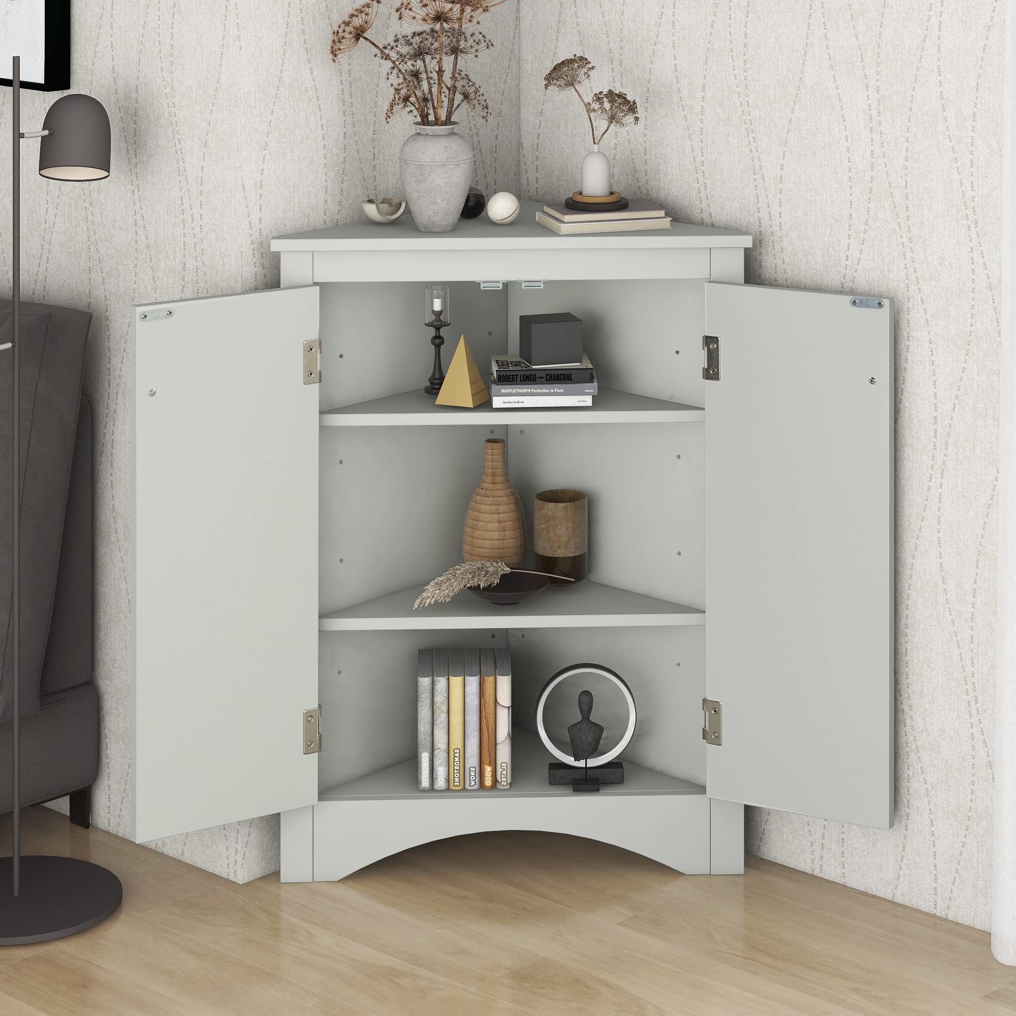 Freestanding Triangle Corner Storage Cabinet with Adjustable Shelves & Doors - Grey | Kitchen, Bathroom, Pantry Organizer for Spices, Towels & Cleaning Supplies