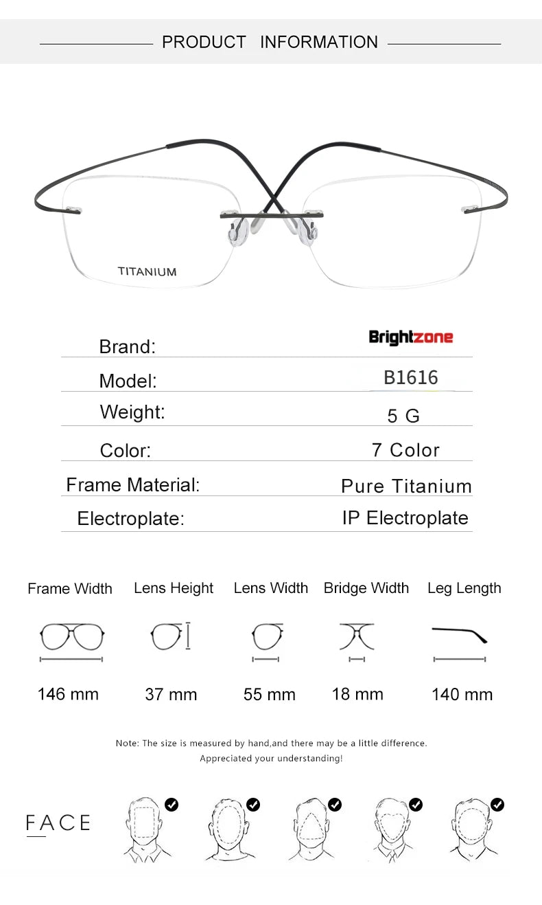 Brightzone Unisex Rimless Square Screwless Titanium Eyeglasses 71616 - Lightweight & Durable Frame for Men & Women - Perfect for Reading, Work & Everyday Use