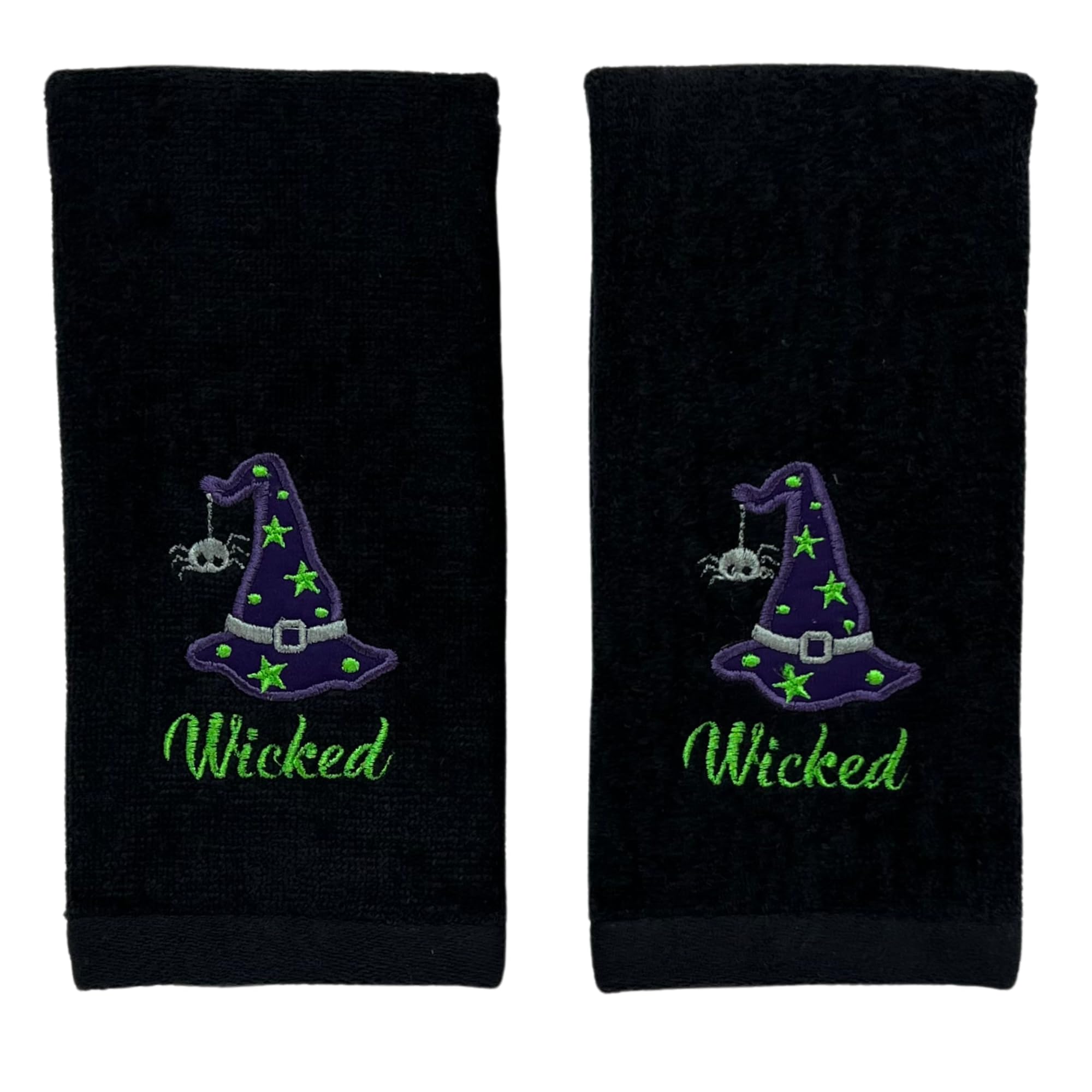 Serafina Home Halloween Fingertip Towels - 2-Piece Black Plush Bathroom Towel Set with Embroidered Witch Hat Design (12x18 Inches) | Spooky Bath Decor for Halloween Parties & Witch-Themed Home Decor