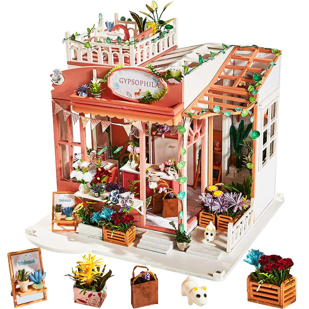 DIY 1:24 Scale Wooden Dollhouse Miniature Kit with Handmade Furniture, Music Box & Cover - Creative Mini Home Craft Model for Teens & Adults - Perfect Gift for Collectors, Home Decor & Role Play Scenes (Gypsophila Flower Shop)