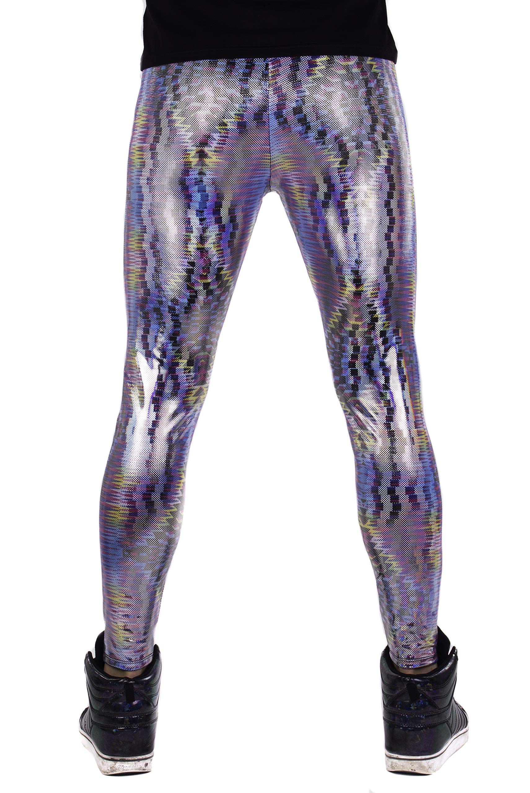Funstigators Festival Clothing: Men's Holographic Disco Meggings - Made in USA | Rave Wear, Dance Pants & EDM Festival Outfit for Men