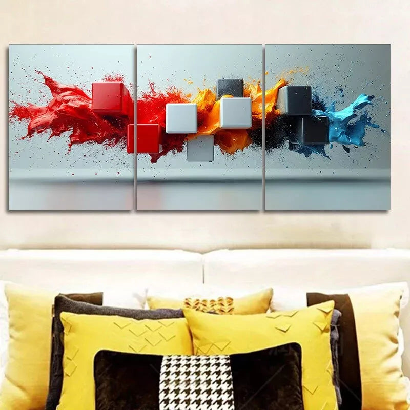 3-Piece Black and White Cubes Color Splash Wall Art Set - 40x60cm Framed Canvas Prints | High Quality Australian Made | Ready to Hang | Modern Home & Office Decor