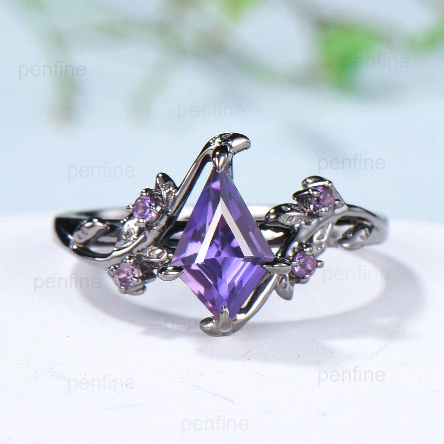 Vintage Nature Inspired Purple Sapphire & Amethyst Engagement Ring Set with Twig Vine Design - Marquise Moonstone Opal Stacking Wedding Rings for Women, Perfect for Boho Bridal Jewelry, Anniversary Gifts & Everyday Elegance