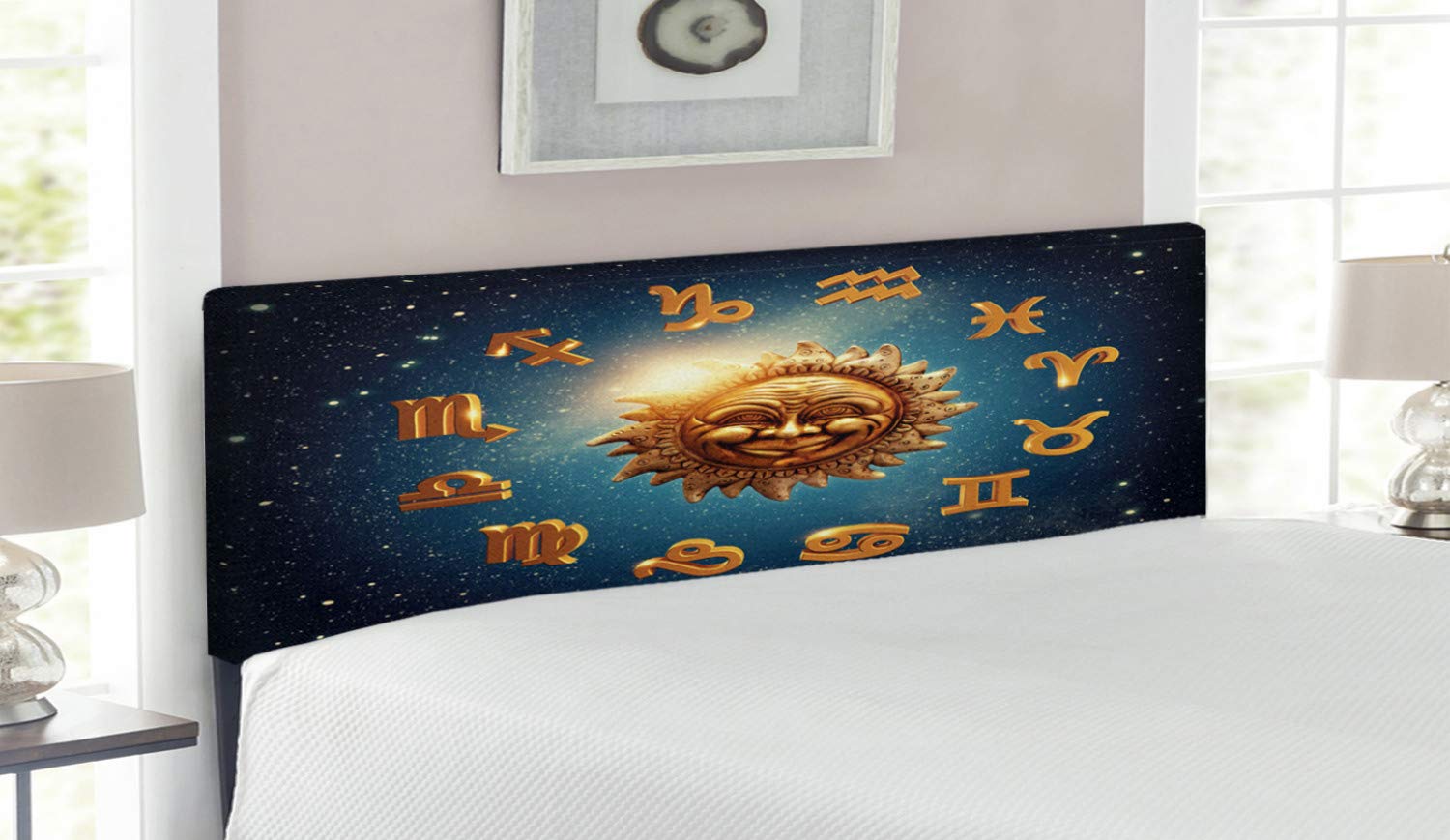 Ambesonne Astrology Upholstered Headboard - Queen Size Metal Bed Frame with Memory Foam, Cosmic Moon & Sun Design in Dark Blue & Orange - Perfect for Bedroom Decor & Space-Themed Interiors