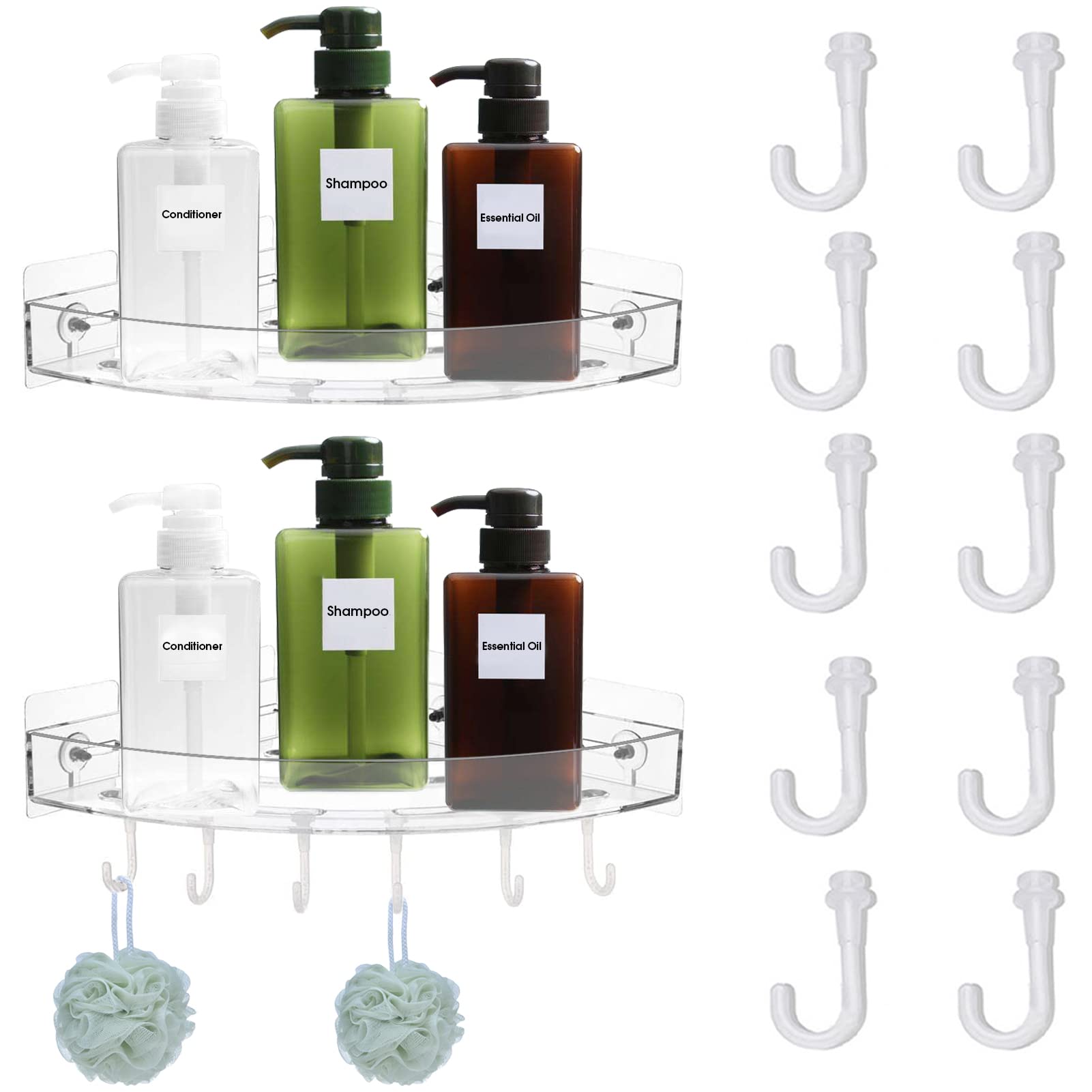 ChezMax 2-Pack Adhesive Shower Caddy - No Drill Wall Mount Bathroom Organizer with 10 Hooks for Shampoo, Soap & Sponges - Clear Acrylic Floating Shelf for Shower & Kitchen Storage (Perfect for Small Bathrooms & Apartment Living)