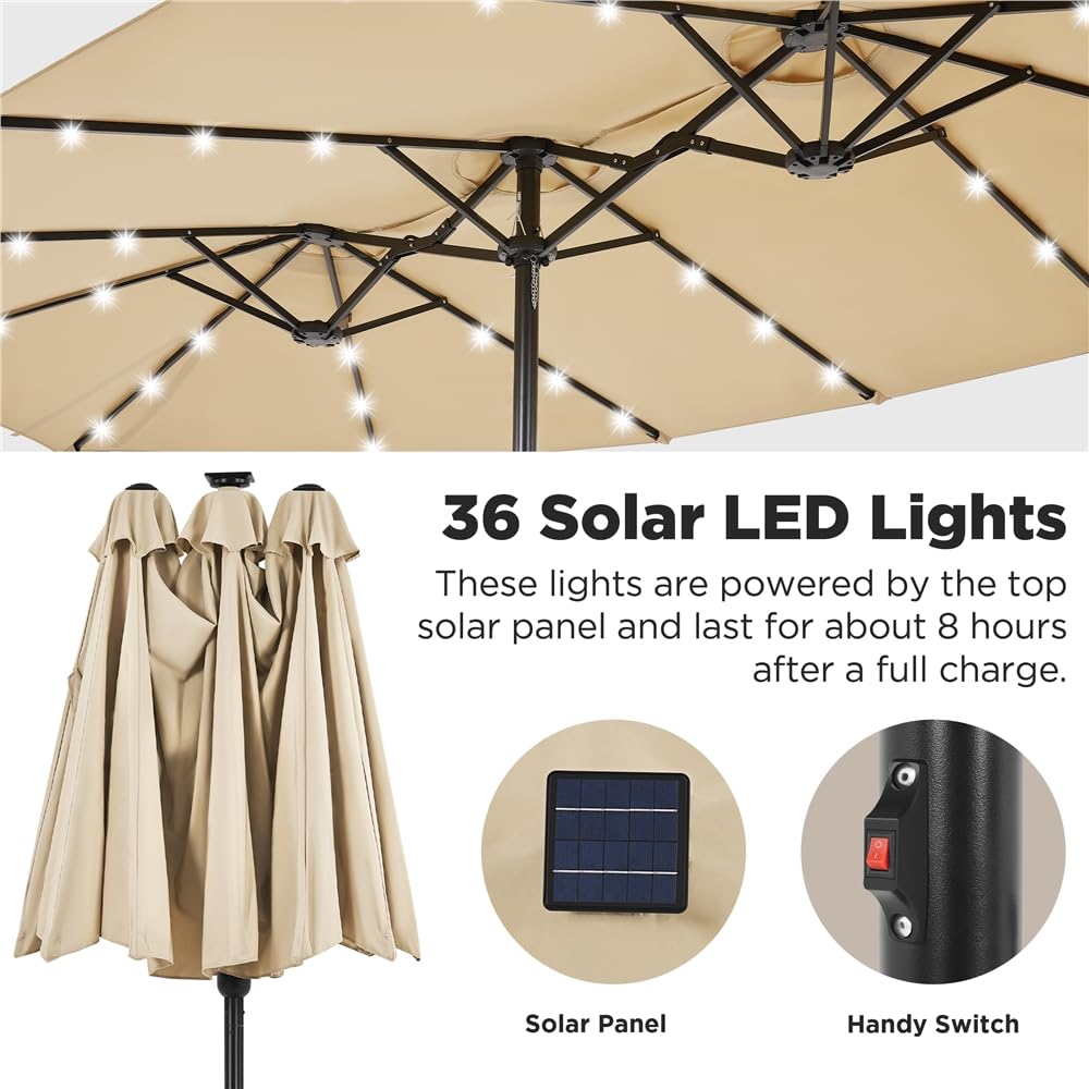 Yaheetech 15 ft Large Outdoor Patio Umbrella with Solar LED Lights - Double-Sided Rectangle Market Umbrella, 36 LED Lights, Crank Handle & Base Included - Perfect for Garden, Poolside, Backyard, and Outdoor Dining Areas (Tan)