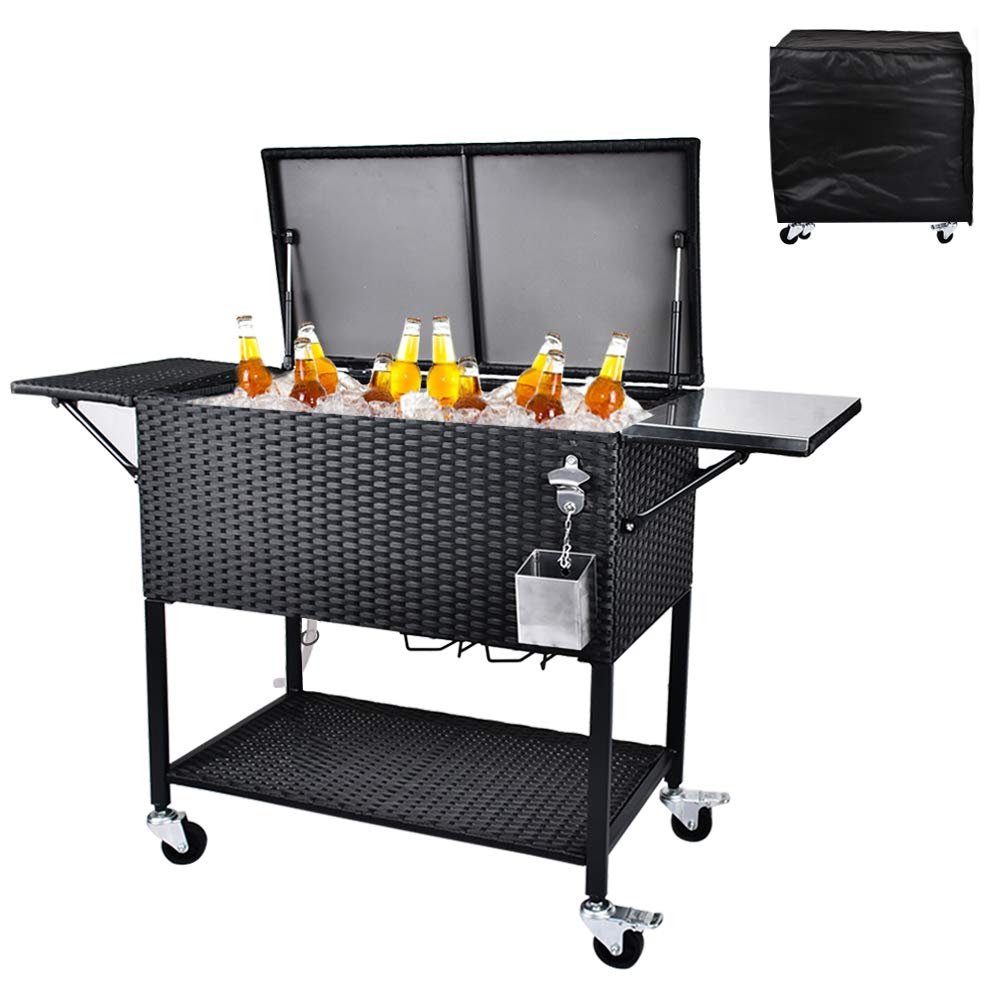JOVNO 80QT Rolling Patio Cooler Cart - Portable Wicker Faux Rattan Ice Chest with Wheels, Cutting Board, Shelf & Bottle Opener - Perfect for Outdoor Parties, Beach Trips, Backyard BBQs and Beverage Bars