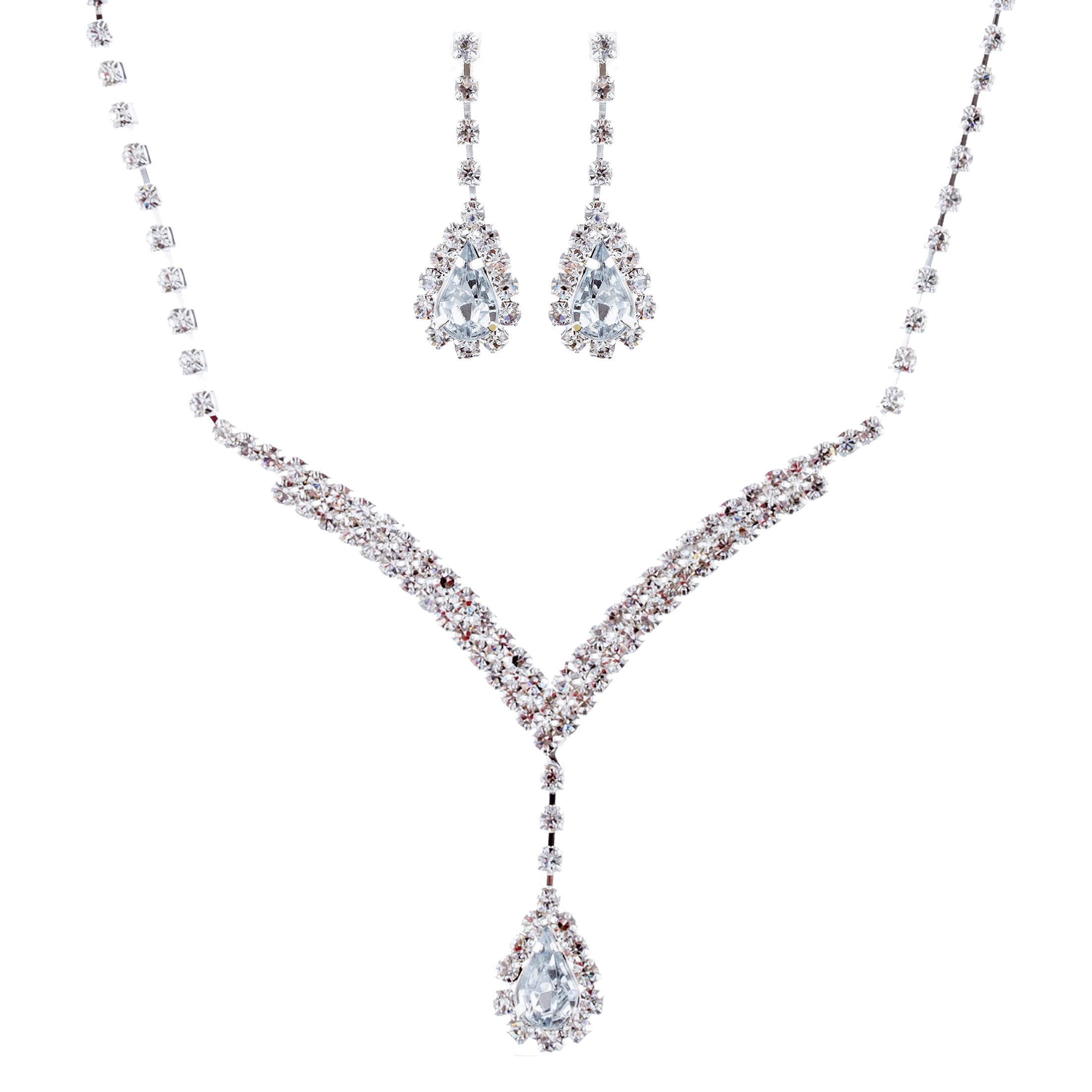 Elegant Bridal Wedding Jewelry Set - Crystal Rhinestone Necklace & Earrings for Prom, Evening Gala & Special Occasions | Silver V-Drop Design | Perfect for Brides, Bridesmaids & Formal Events