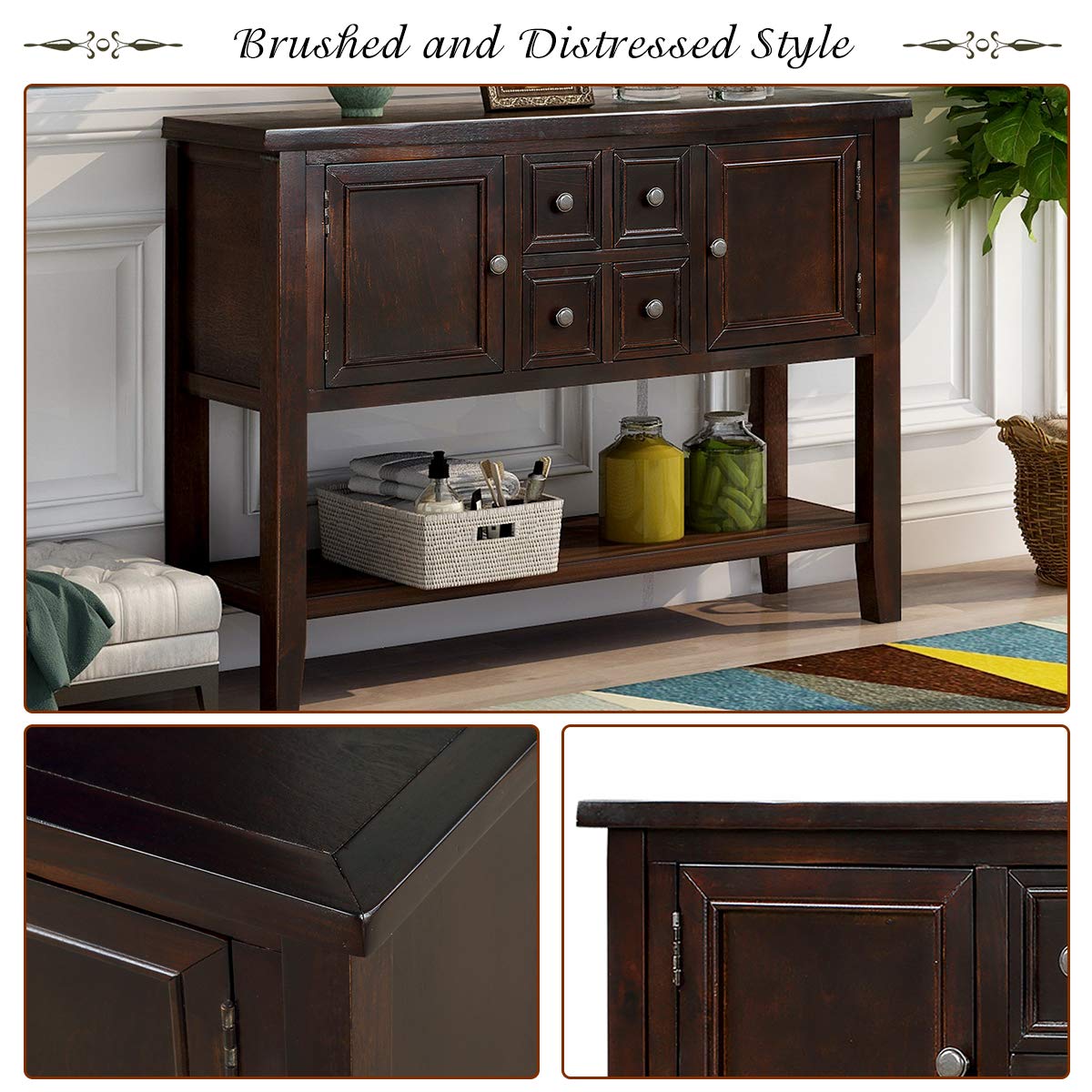 46 Inch Solid Wood Console Table with 4 Drawers & 2 Doors - Entryway Buffet Cabinet, Sofa Table with Bottom Display Shelf for Living Room, Kitchen, Dining Room & Hallway | Perfect for Storage & Home Decor