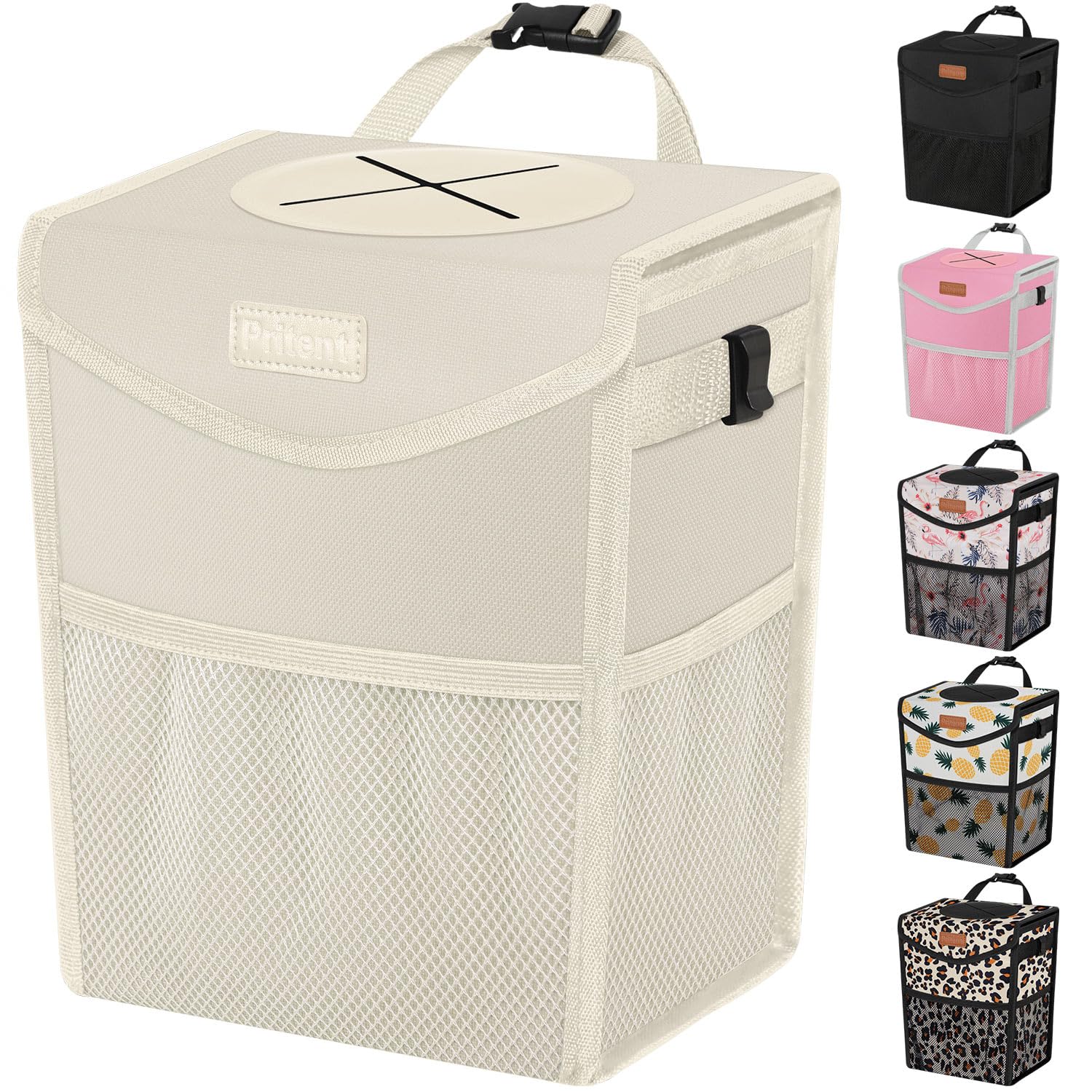 Leakproof Car Trash Can with Lid - Hanging Vehicle Garbage Bin Organizer for Front/Back Seat, Portable Automotive Trash Bag (Trapezoid, Beige) - Perfect for Road Trips, Commuting & Keeping Your Car Clean