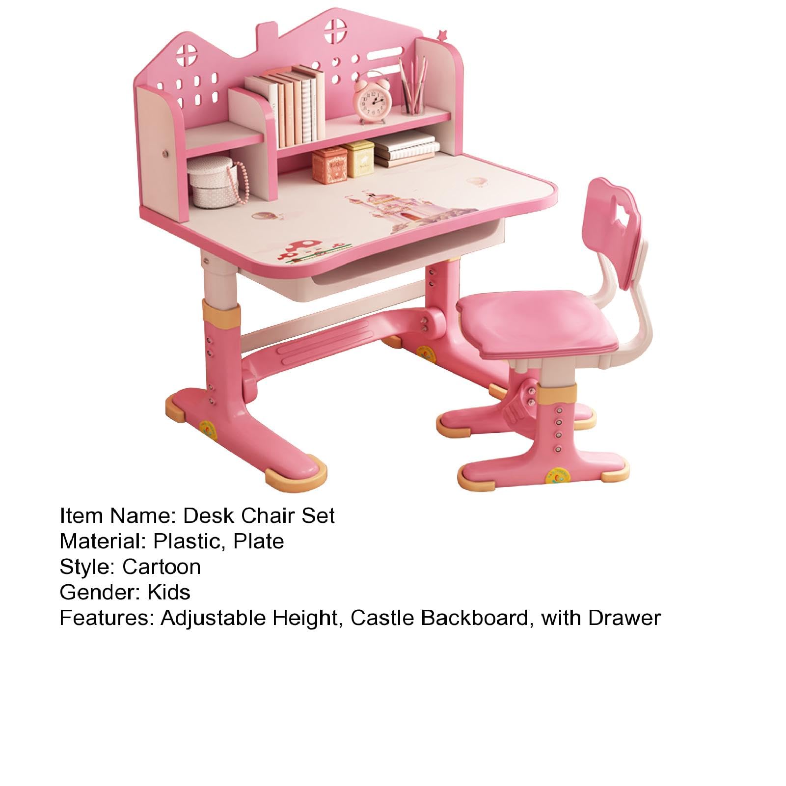 **Pink Adjustable Kids Learning Desk and Chair Set with Drawers, Bookshelf & Wide Desktop - Cartoon Castle Design for Reading, Writing & Studying - Perfect for Girls' Bedroom or Playroom**