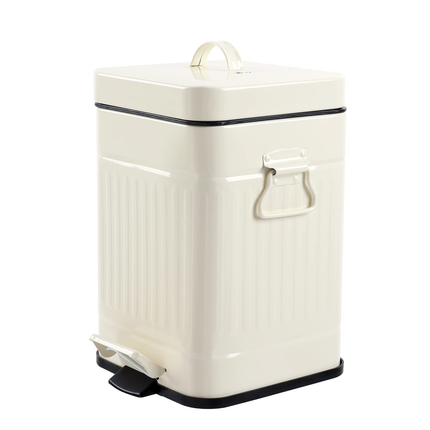 Vintage Metal Trash Can with Lid - 5 Liter/1.3 Gallon Small Garbage Bin for Bathroom, Bedroom & Office - Soft Close Retro Step Wastebasket in Ivory White | Perfect for Home, Dorm & Workspace Organization