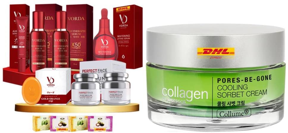 Vorda Premium Cream 5-Piece Set - Collagen Lifting & Pore Minimizing Cream with Cooling Sorbet Texture | Watsons Pores-Be-Gone Formula | DHL Express Shipping by Thaigiftshop [Includes Free Tomato Facial Mask] - Perfect for Anti-Aging Skincare Routine & Summer Skin Refreshment