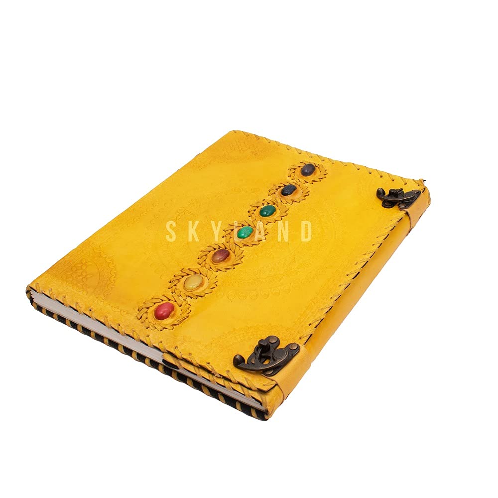 Handmade Leather Journal Book - Seven Chakra Medieval Stone Embossed Notebook for Office, College & Sketching | 10 x 13 inches | Yellow | Perfect for Wiccan Book of Shadows, Poetry Writing & Gift Giving