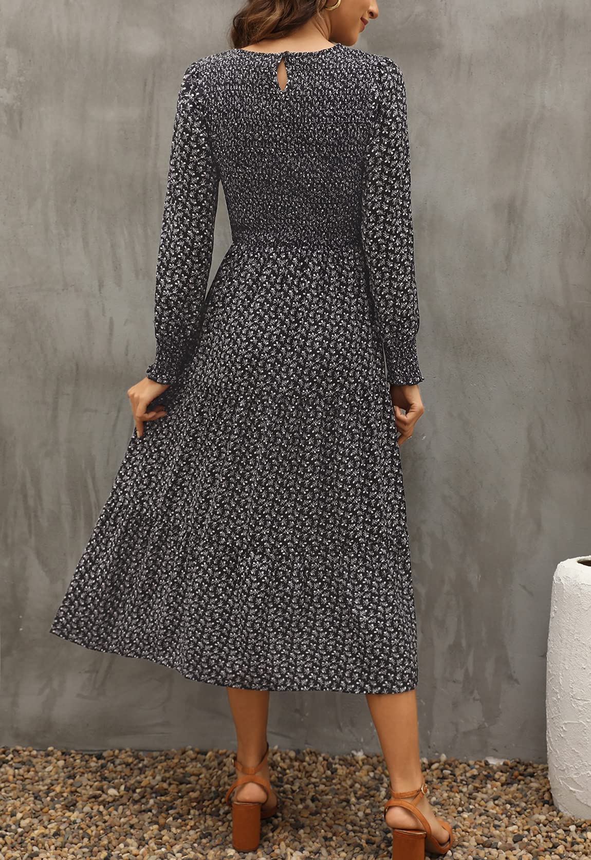 Zattcas Women's Fall Dresses 2025 - Casual Long Sleeve Boho Floral Midi Dress with Smocked Waist & Pockets | Perfect for Wedding Guest, Date Night & Autumn Outfits