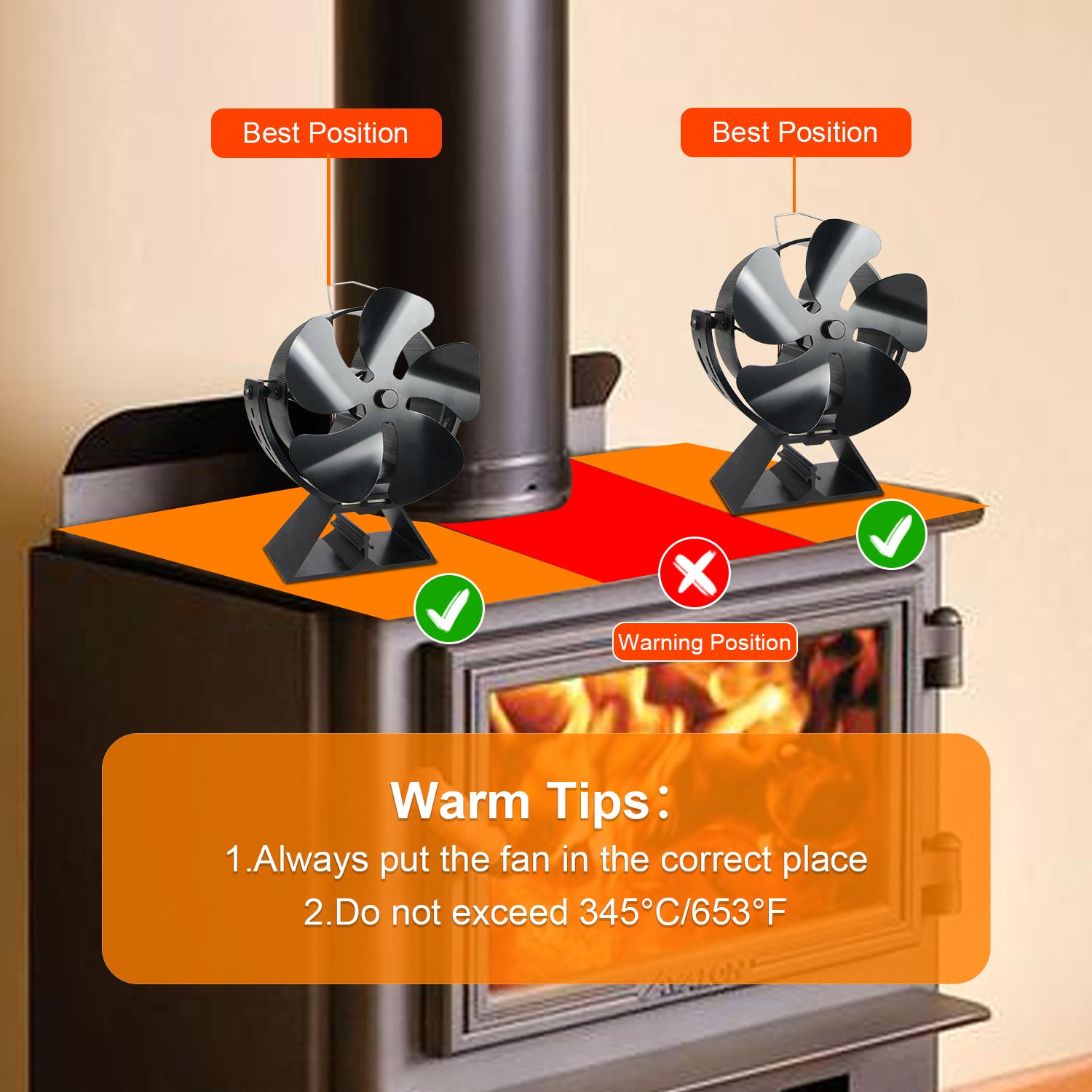 VODA 5-Blade Heat Powered Wood Stove Fan with 180° Adjustable Rotation - Efficient Fireplace Heating for Home, Cabin & RV Use