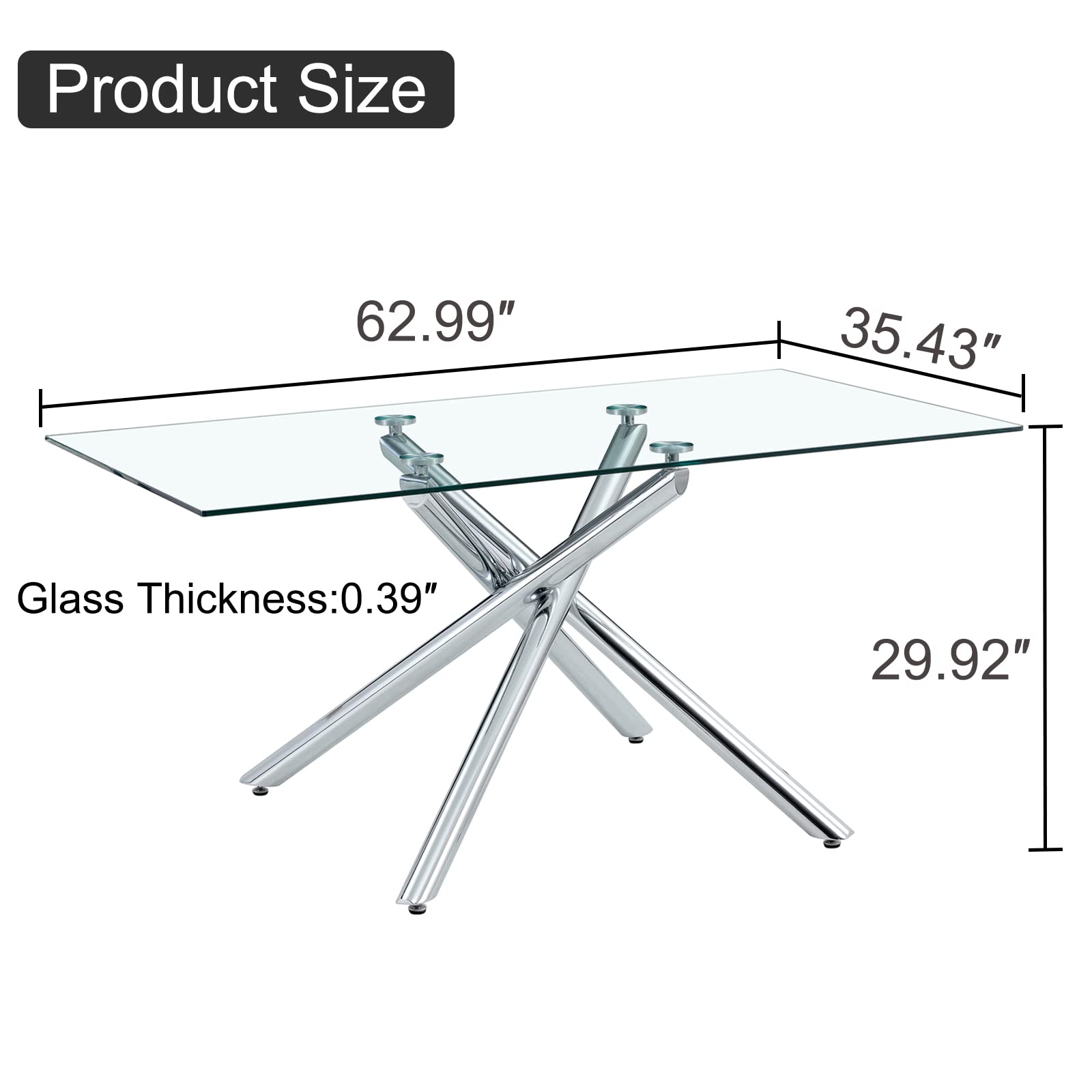 63 Inch Modern Rectangular Glass Dining Table for 4-6 People - Tempered Glass Top with Silver Metal Legs - Perfect for Kitchen, Dining Room & Small Space Entertaining