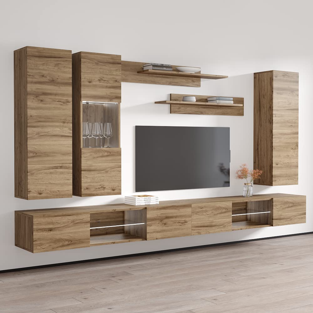 Modern Floating TV Stand with Storage & LED Lights - Wall-Mounted Entertainment Center for Bedroom & Living Room - Oak Wood TV Console with Shelves - Perfect for Small Spaces & Home Theater Setup