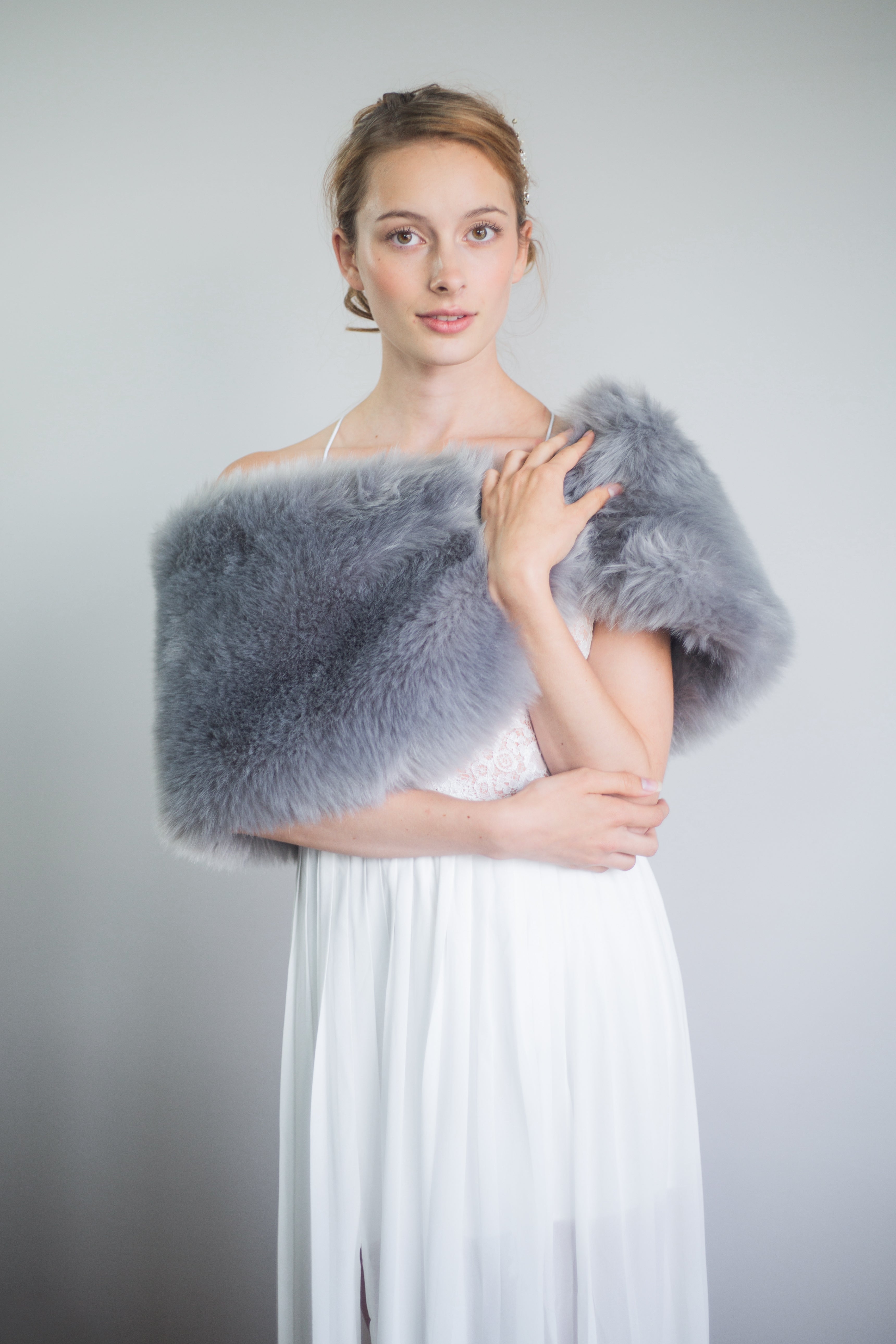 Gray Fur Wrap Shawl - Serena Gry01 - Soft & Warm Winter Fashion Accessory for Women - Perfect for Parties, Weddings & Cold Weather Outfits