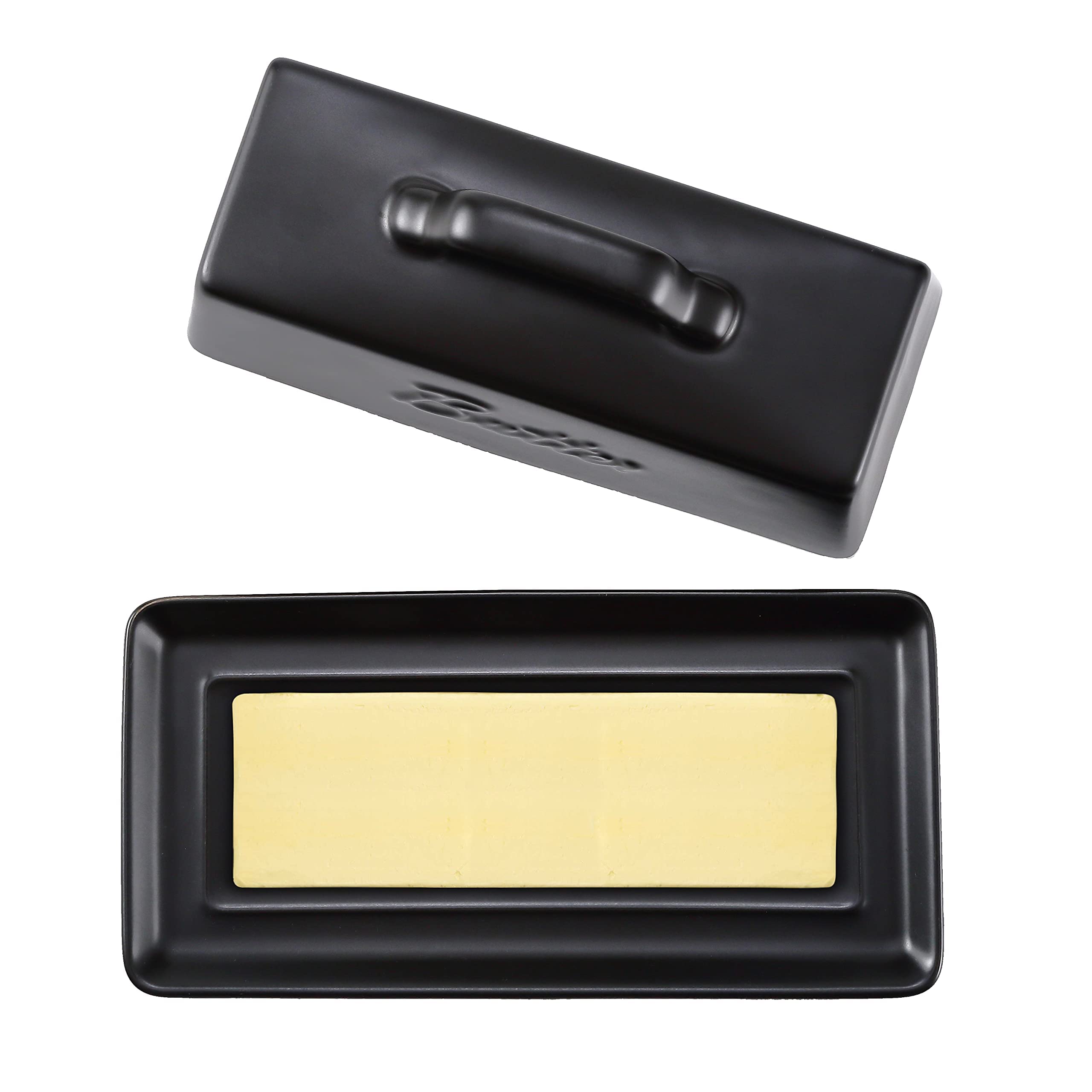 Bruntmor Black Ceramic Butter Dish with Lid - Porcelain Butter Keeper & Storage Tray with Handle for Countertop - Perfect for Kitchen, Dining Table, and Breakfast Buffet
