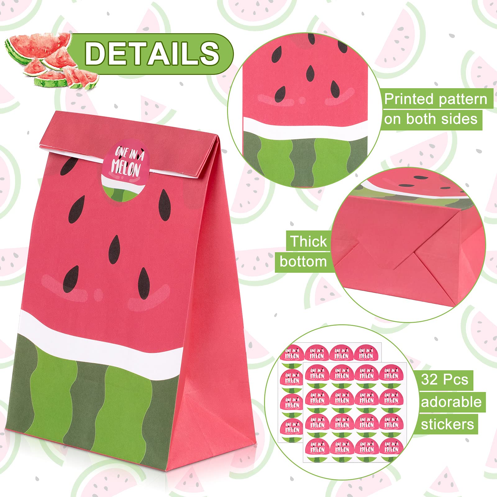32Pcs Watermelon Themed Party Favor Bags with Stickers - Summer Fruit Candy Treat Bags for Birthday, Pool Party & Tropical Themed Events - Reusable Goodie Bags for Kids & Adults - Perfect for Summer Celebrations, Beach Parties & School Events