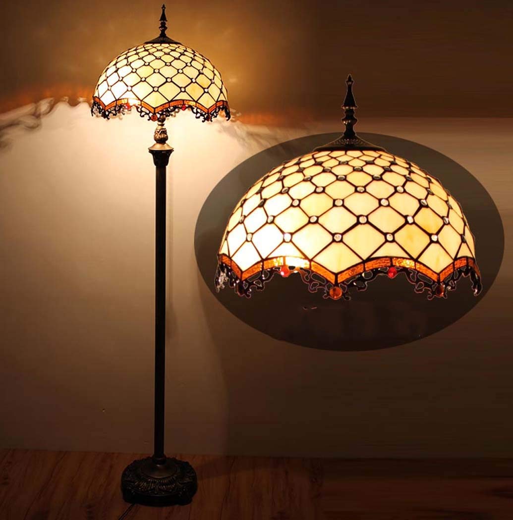 Tiffany Style Floor Lamp - 2-Light Table & Desk Standing Lighting with Stained Glass Shade, 16-Inch Height, Foot Switch, 110-240V, E27 Bulb - Perfect for Living Room, Bedroom & Office Decor