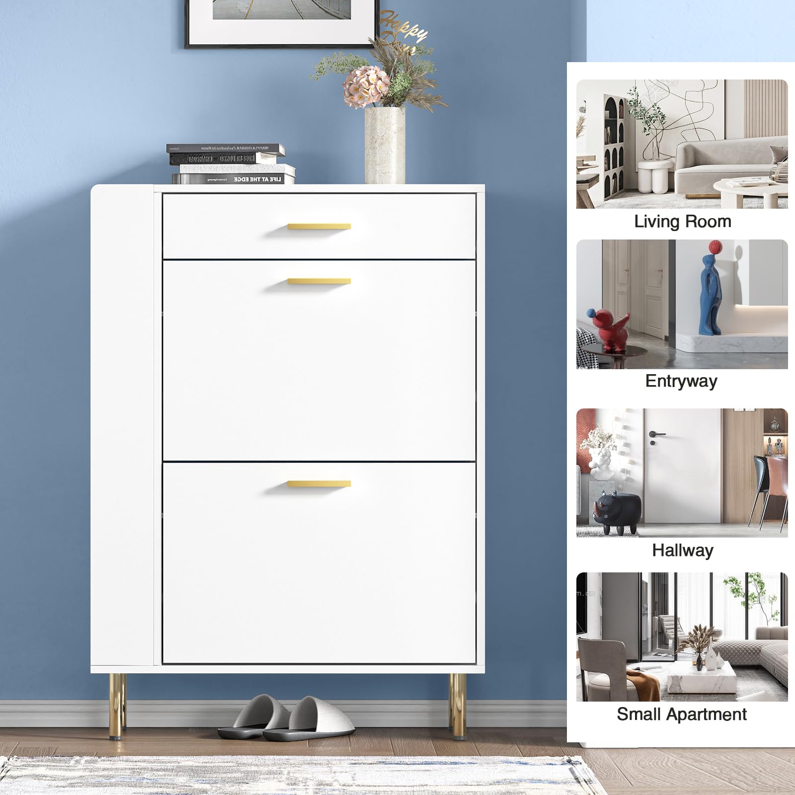 Anmytek White Shoe Storage Cabinet with 2 Flip Drawers - Modern Freestanding Shoe Rack Organizer for Entryway, Hallway & Closet - Space Saving Narrow Shoe Cabinet for Sneakers, Boots & Heels - H0111
