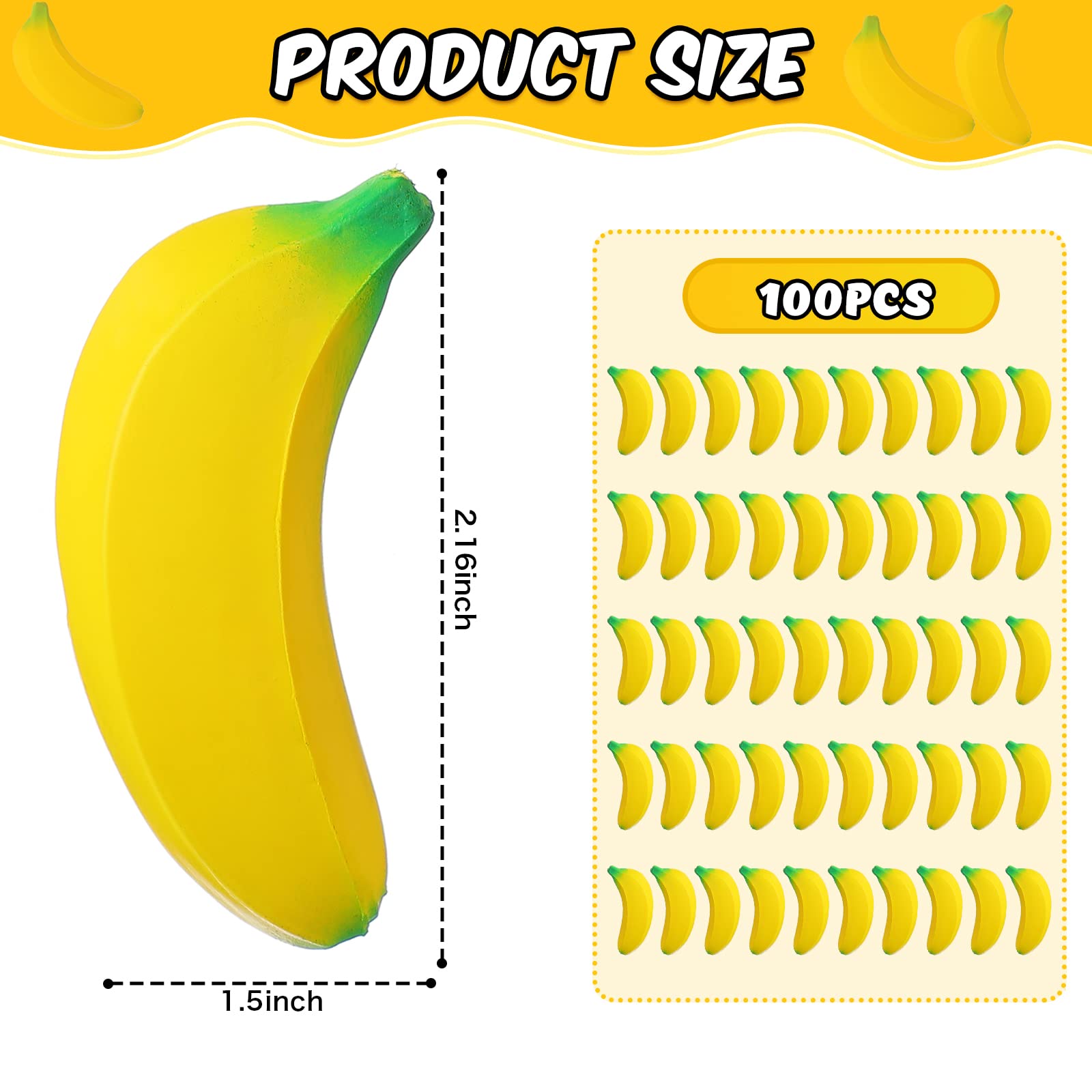 Jerify 100 Pcs Stretchy Banana Stress Relief Toys - Realistic PU Foam Fidget Toys for Adults & Teens (2.36 Inch) - Perfect for Anxiety Relief, Office Desk, Classroom & Party Favors