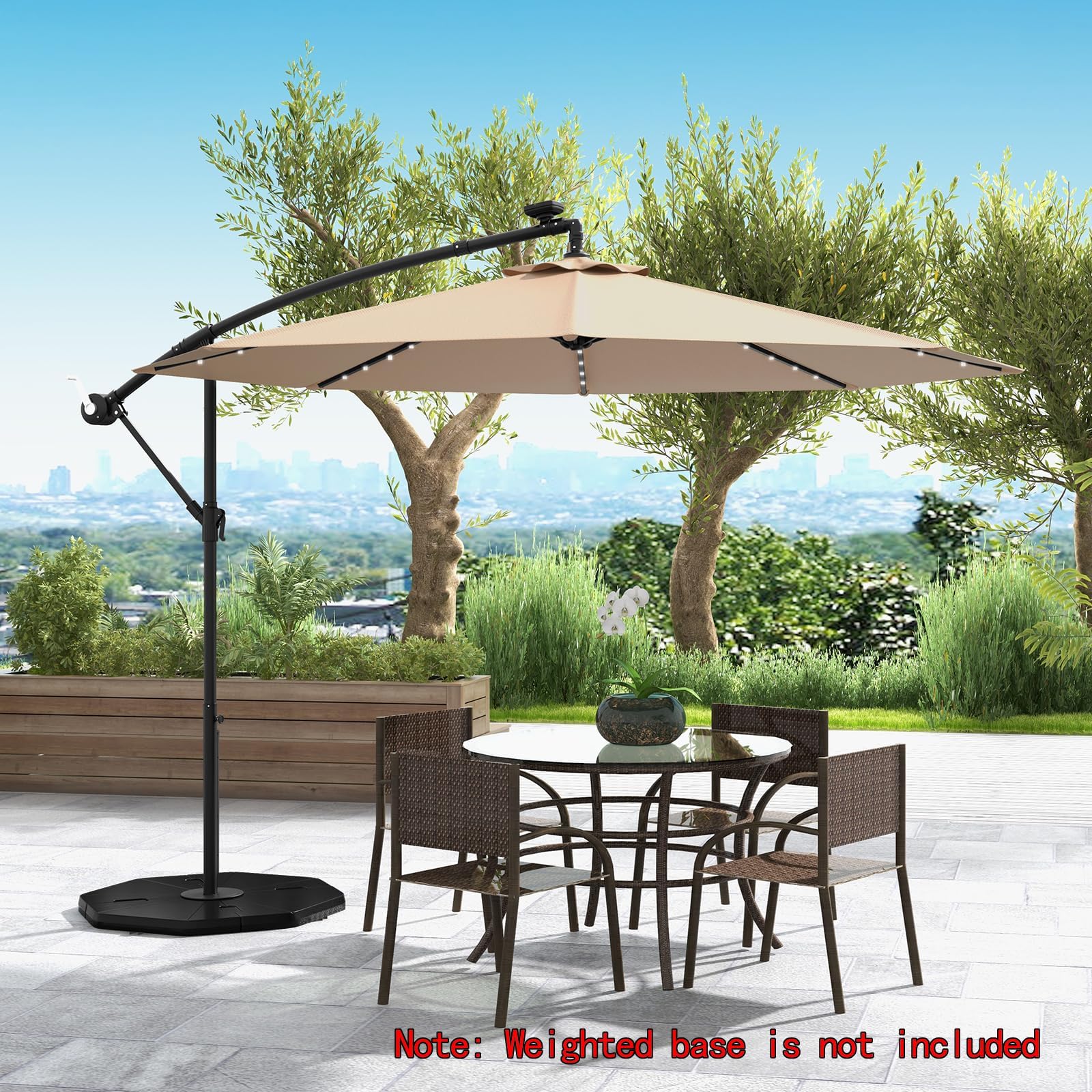 HAPPYGRILL 10 FT Outdoor Cantilever Umbrella with Solar Lights & Easy Tilt - 8 Ribs & Cross Base - Perfect for Patio, Deck, Poolside, Lawn, and Garden Relaxation