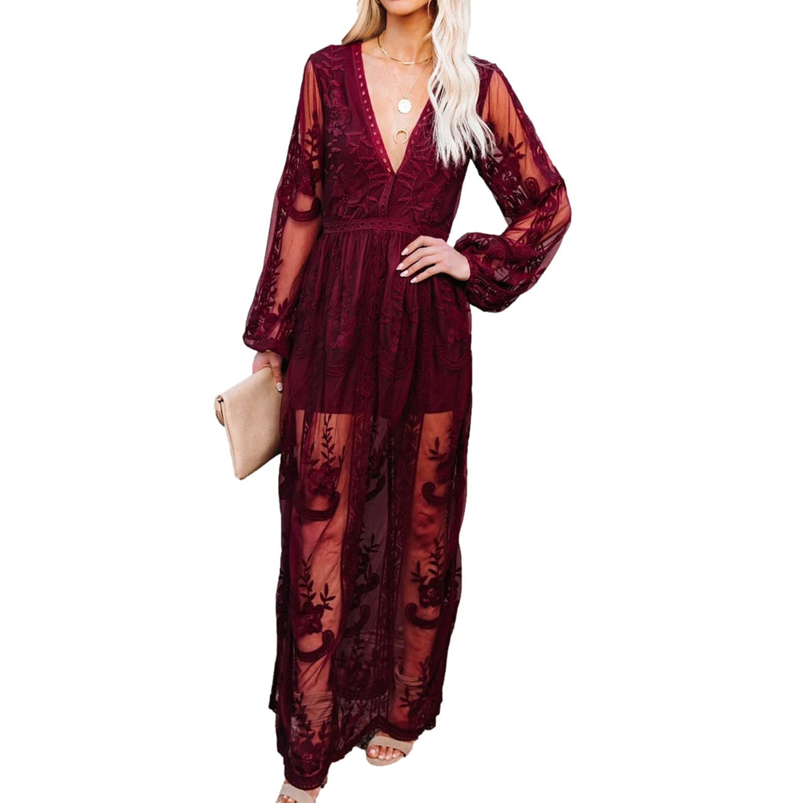 Women's Deep V-Neck Short Sleeve Floral Lace Maxi Dress - Elegant Long Bridesmaid Gown for Weddings, Parties & Summer Events