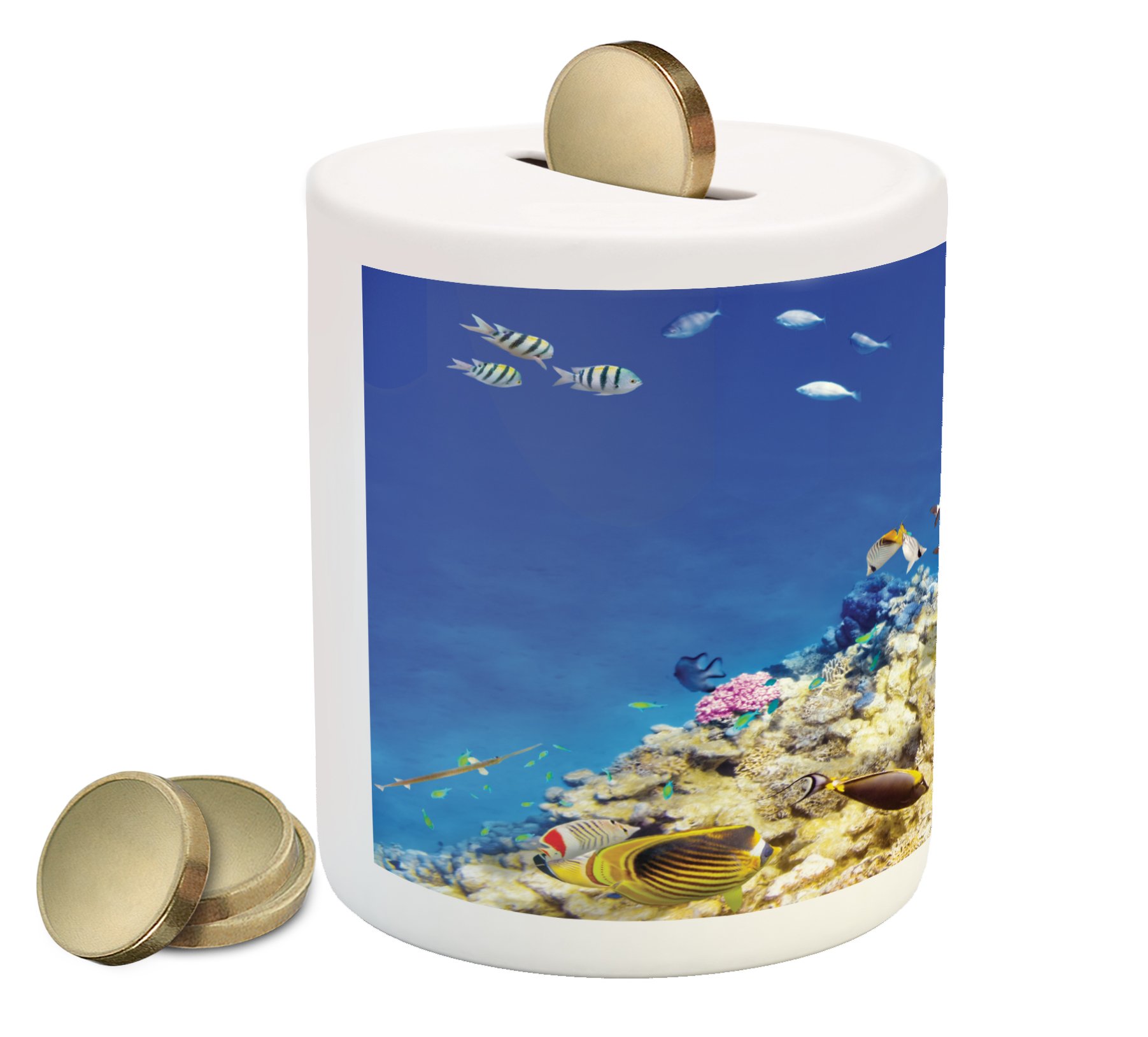 Ambesonne Ceramic Piggy Bank - Underwater Ocean Theme with Caribbean Seascape Design, Money Saving Box for Coins & Cash (Blue Beige) | Perfect Gift for Kids, Beach House Decor, or Tropical Vacation Souvenir