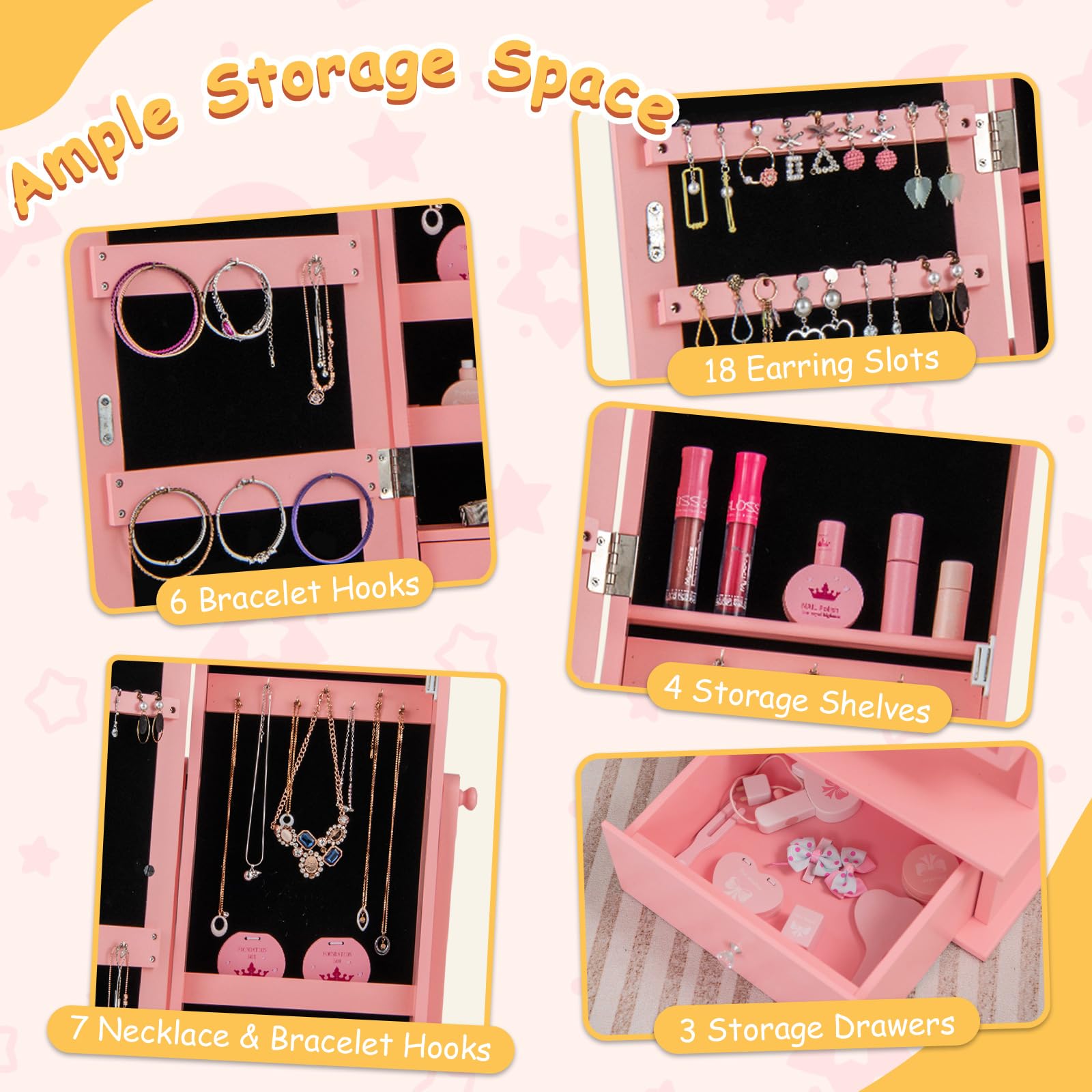 HONEY JOY Kids Jewelry Armoire Cabinet - Pink Wooden Standing Jewelry Organizer with Full-Length Mirror & Storage Drawers | 2-Angle Tilting Design for Little Girls | Perfect for Bedroom, Playroom & Dress-Up Play | Children's Jewelry Storage & Dress-Up Cabinet