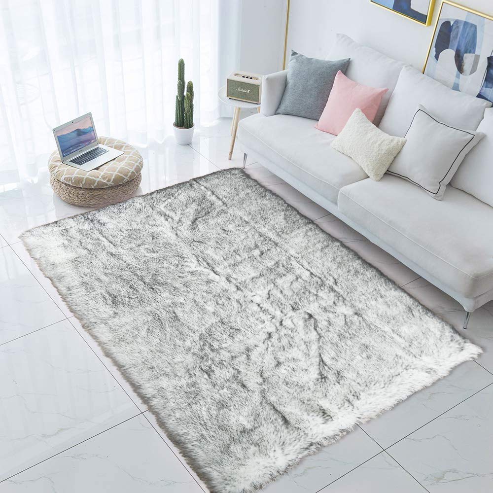 Luxury Soft Faux Sheepskin Shaggy Area Rug 5x7 Feet - Plush White Fur Carpet with Black Tips for Bedroom, Living Room & Nursery - Cozy Floor Mat for Home Decor, Yoga & Pet Comfort