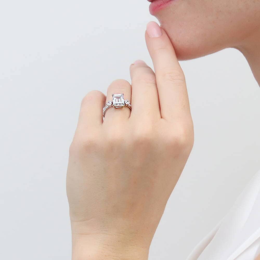 BERRICLE Sterling Silver 3-Stone Wedding & Engagement Ring for Women - 2.6 Carat Emerald Cut Cubic Zirconia CZ Woven Band, Rhodium Plated, Size 4-10 | Elegant Gift for Anniversary, Proposal & Special Occasions