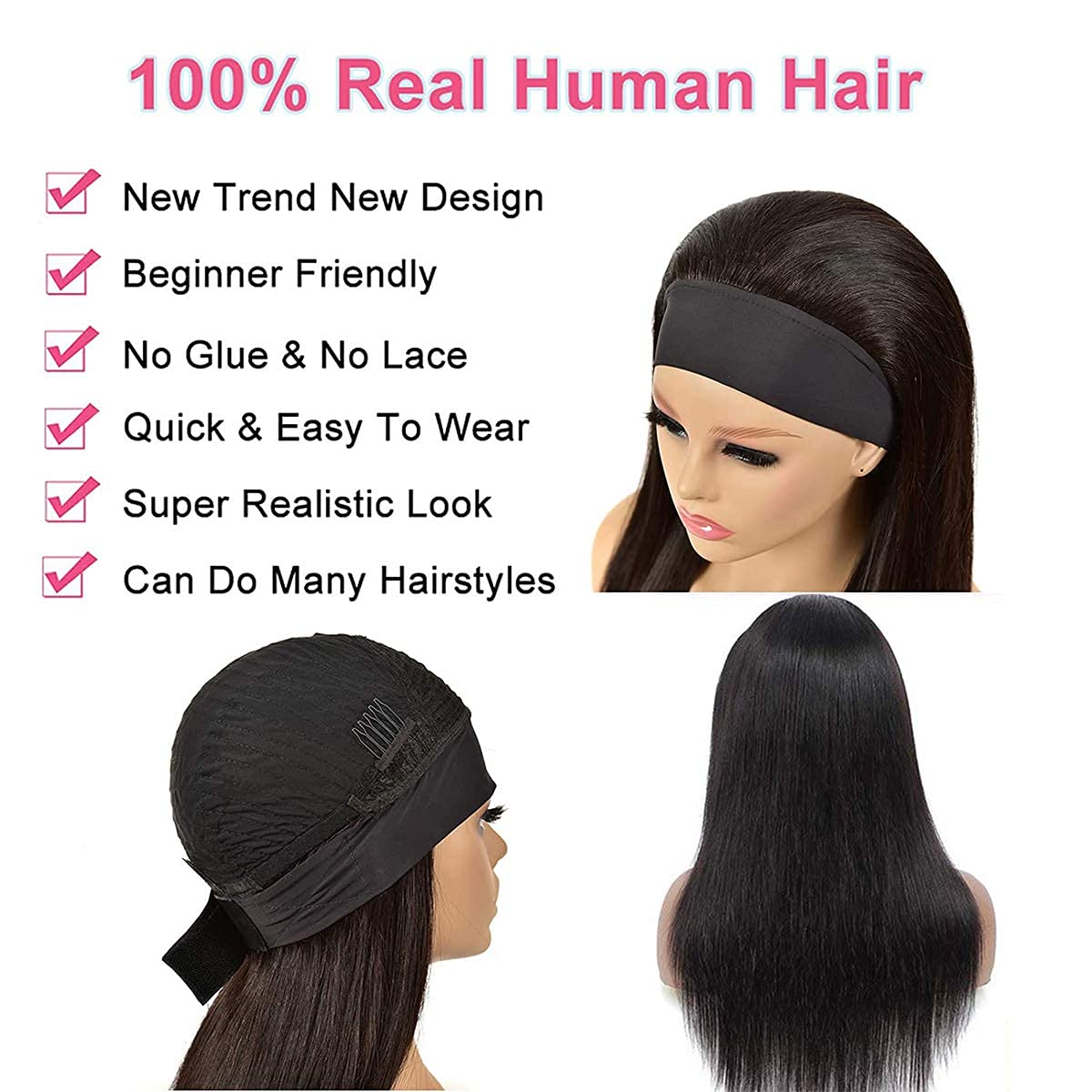 22 Inch Brazilian Straight Human Hair Wig for Black Women - No Lace Glueless Remy Half Wig with Elastic Band | Perfect for Daily Wear, Parties & Protective Styling