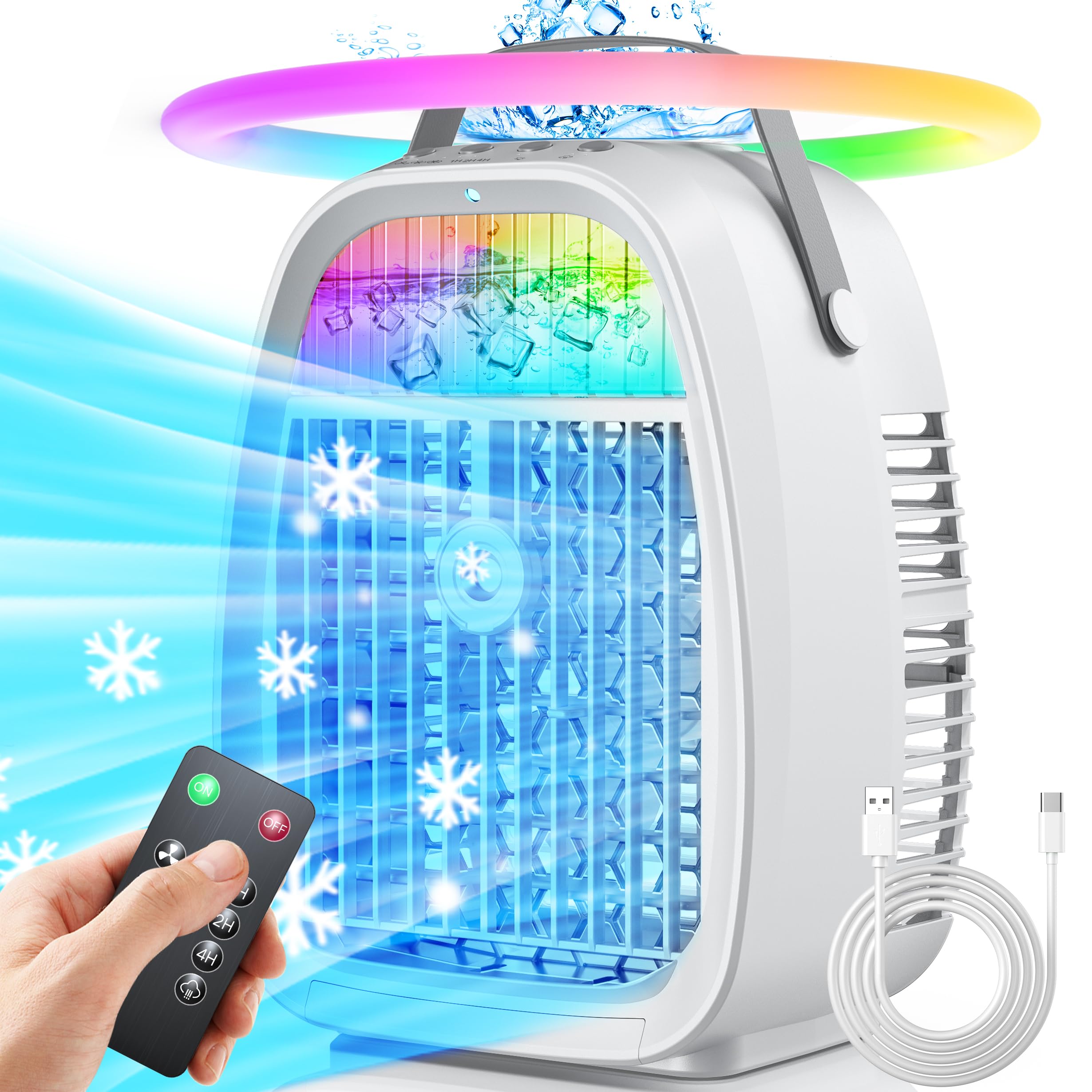 TYTAB 4-in-1 Portable Air Conditioner Fan with Humidifier - Compact Personal Cooling Unit with 7 Color LED Lights & 3 Speed Settings - Perfect for Bedroom, Office, Desk, Dorm, RV & Small Spaces - Stay Cool in Summer & Improve Indoor Air Comfort - Ideal for Home, Travel, and Hot Weather Relief - Great for Summer Nights, Work from Home, Camping & Small Room Cooling