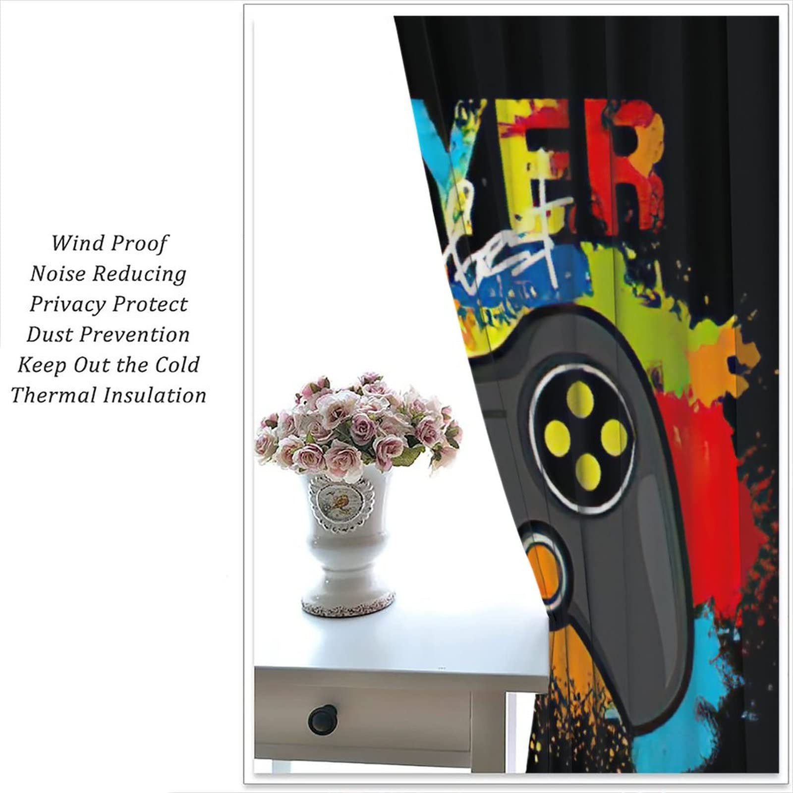 Colorful Game Joystick Gamer Window Curtain - Room Darkening Rod Pocket Blackout Curtain for Boys Girls Teens Bedroom (63x72 Inches) - Perfect for Gaming Rooms, Kids' Bedrooms & Man Caves