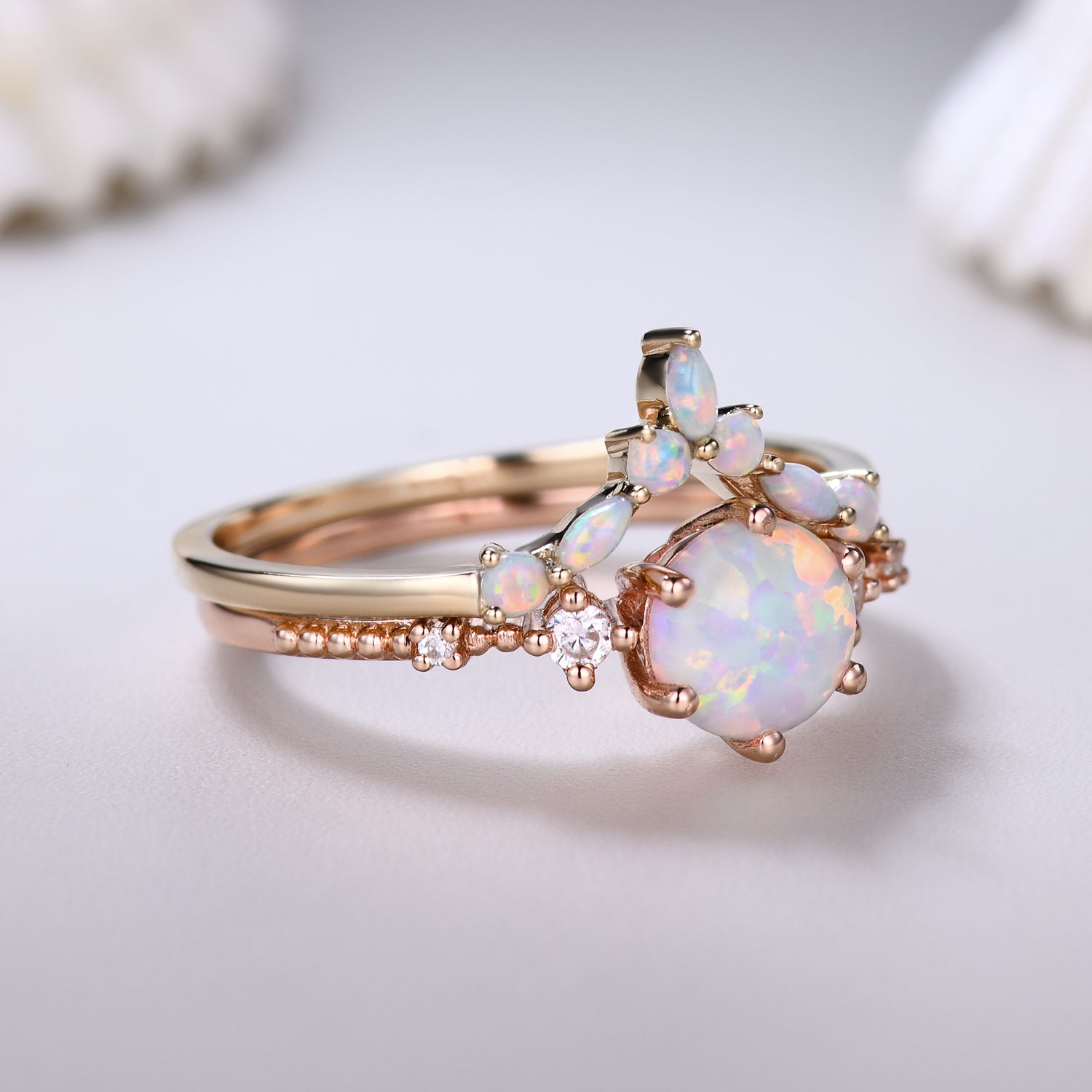 14K Solid Gold Round Opal Bridal Ring Set - Curved Wedding Band for Women, Anniversary Gift, Engagement Jewelry - Perfect for Weddings, Proposals & Special Occasions