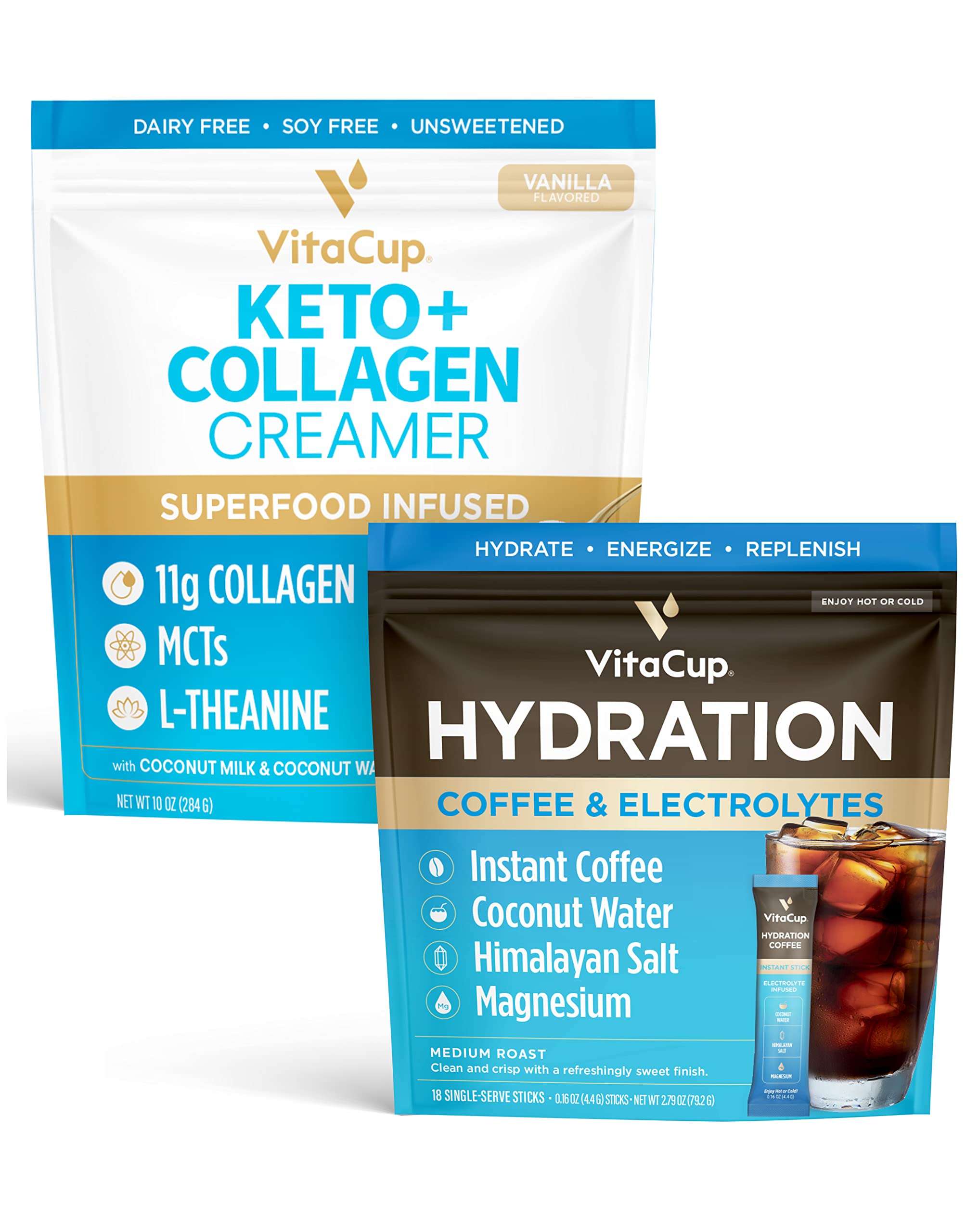 VitaCup Hydration Instant Coffee Sticks with Electrolytes & Coconut Water, Medium Roast (18 Count) | Keto & Collagen Vanilla Coffee Creamer with Superfoods & MCTs (10 oz) | Perfect for On-the-Go Energy & Keto Diet Support