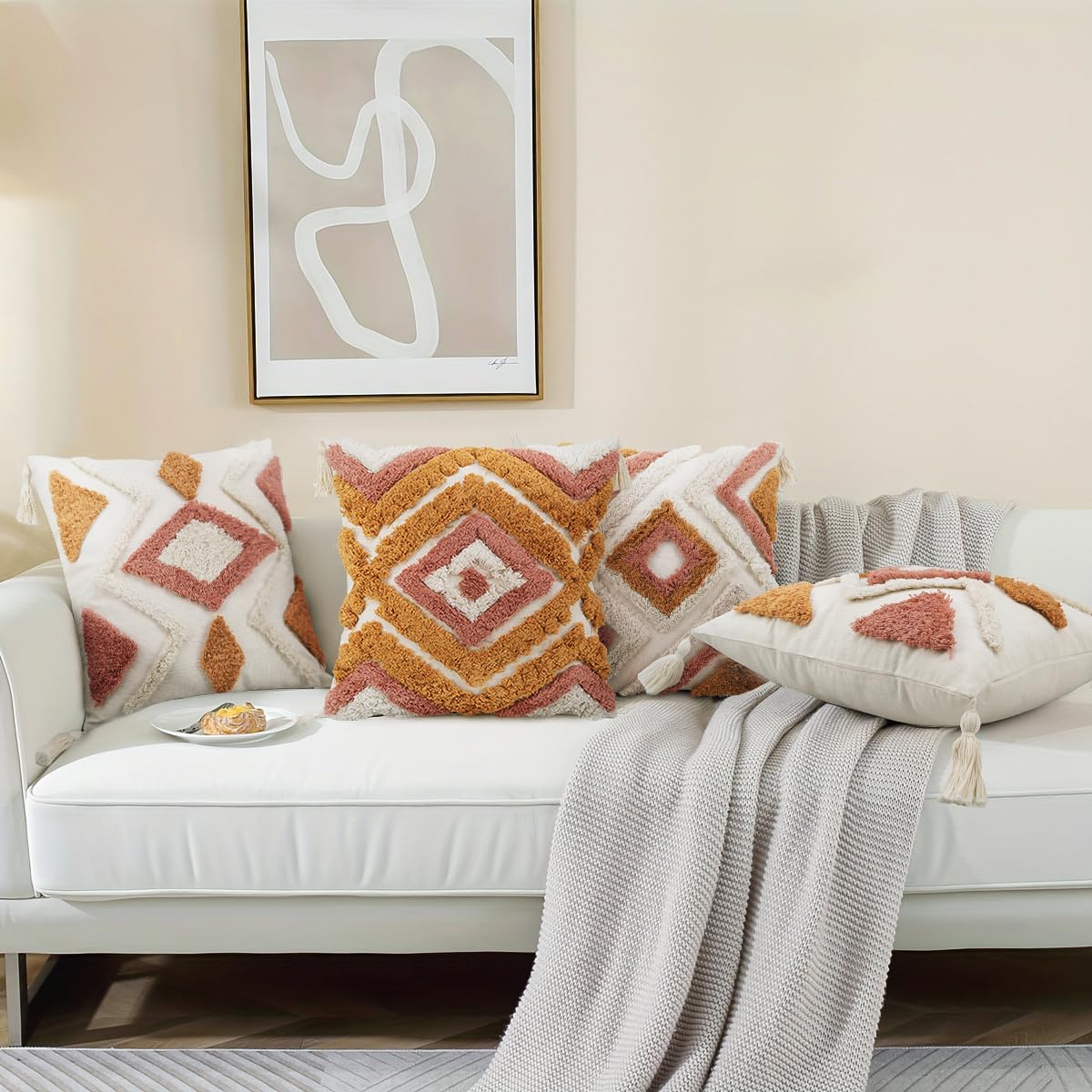 Bohemian Throw Pillow Covers 20x20 Inch - Woven Tufted Decorative Cushion Covers with Tassels for Sofa, Couch, Bed & Living Room - Perfect for Boho Home Decor, Cozy Reading Nook and Lounge Area