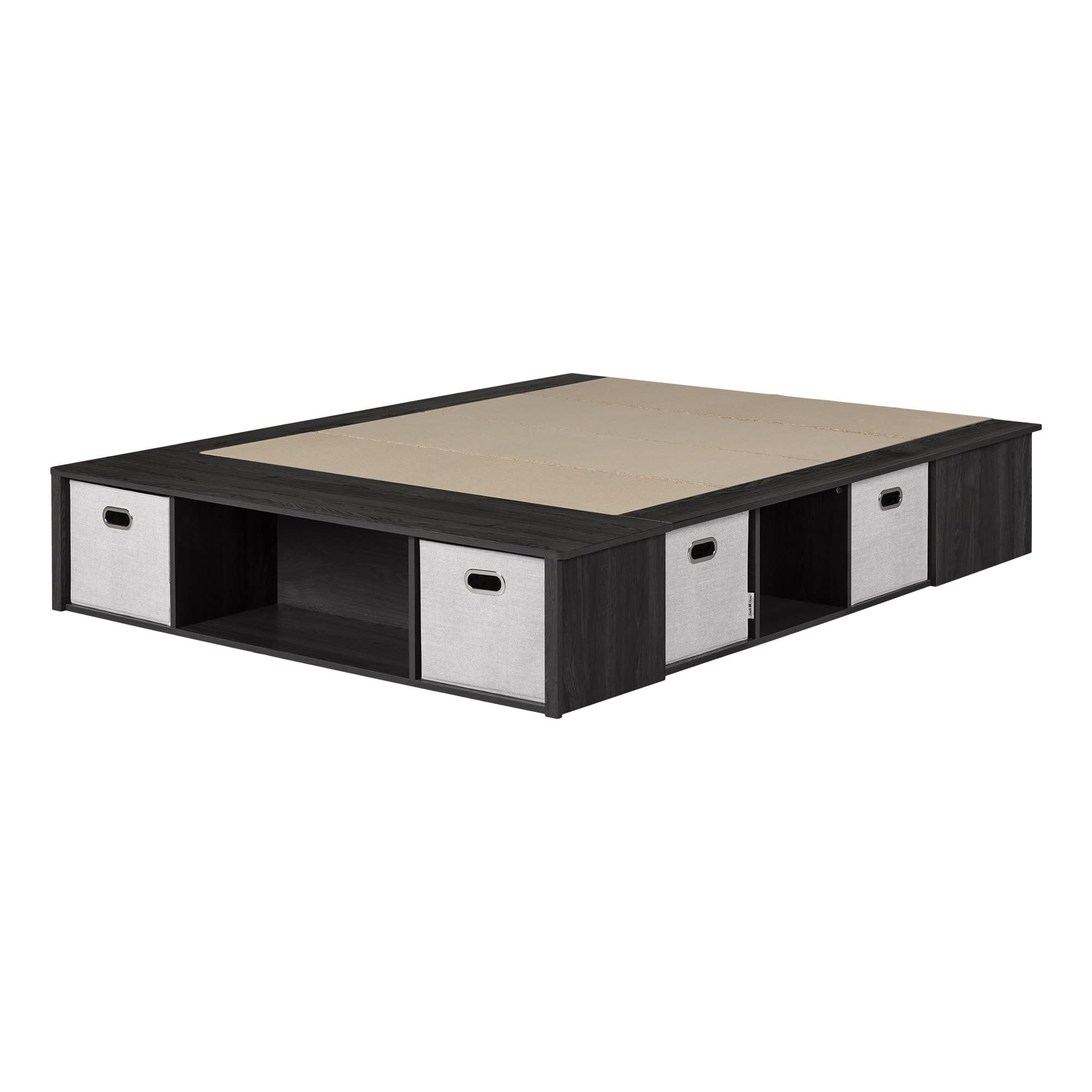 Gray Oak Queen Platform Bed with Storage Baskets for Small Spaces
